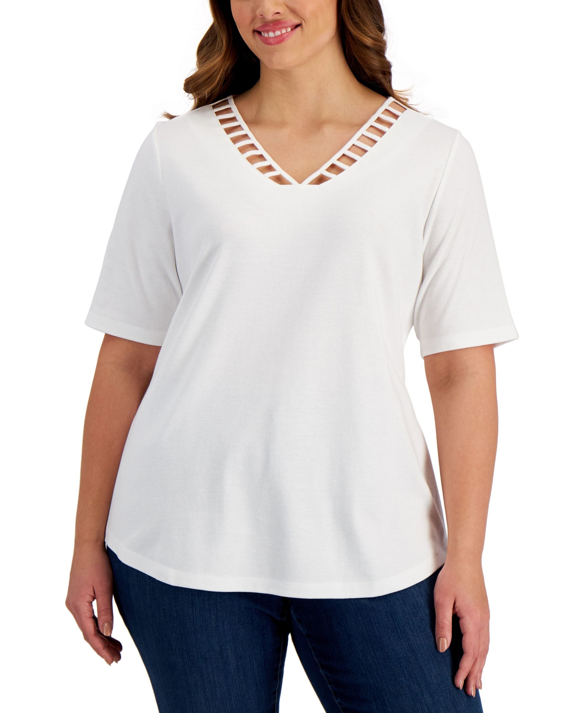 Karen Scott Plus Size Elbow Sleeve Ladder Cutout V Neck Premium Top