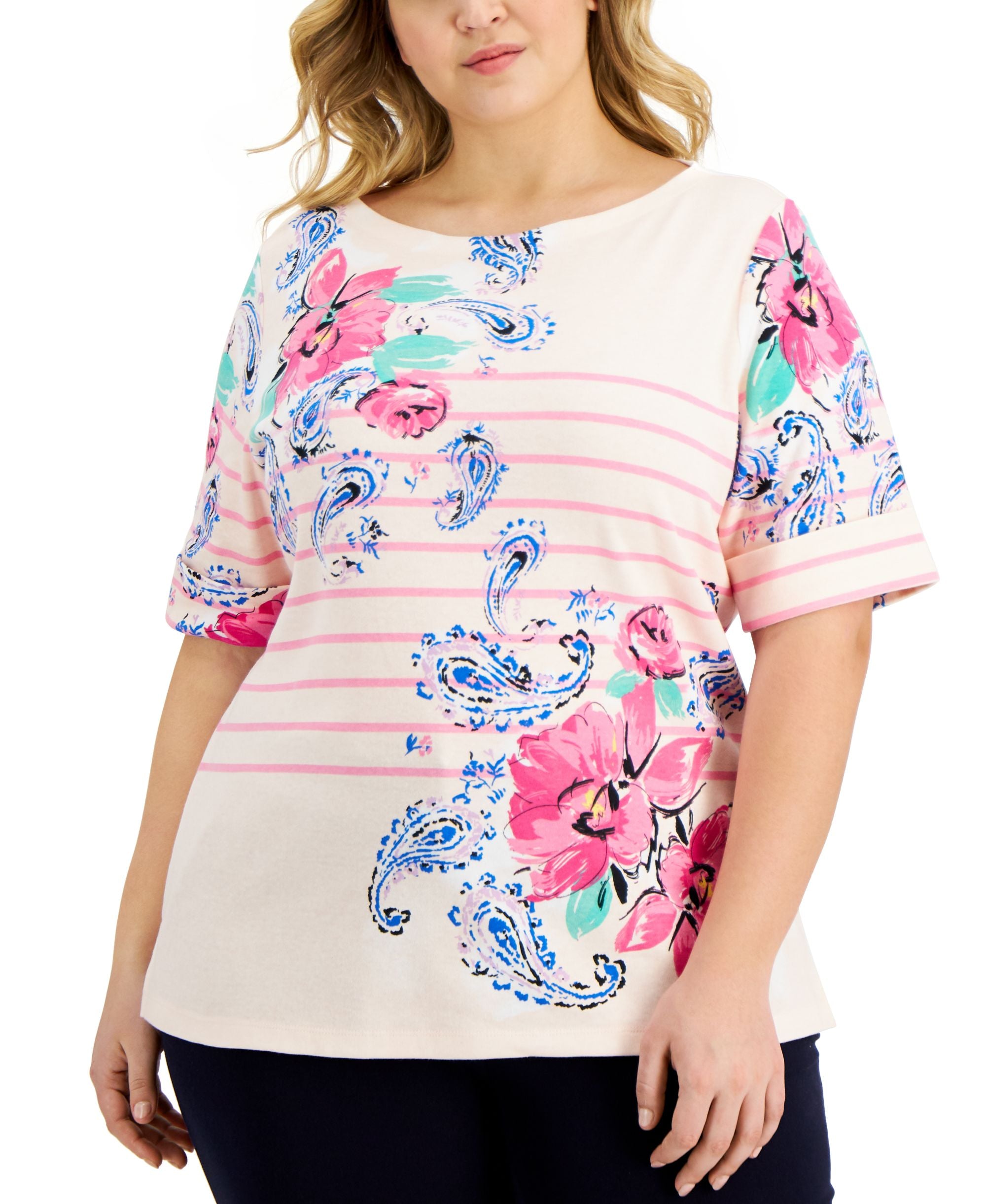 Karen Scott Plus Size Parisian Paisley Boat Neck Premium Top