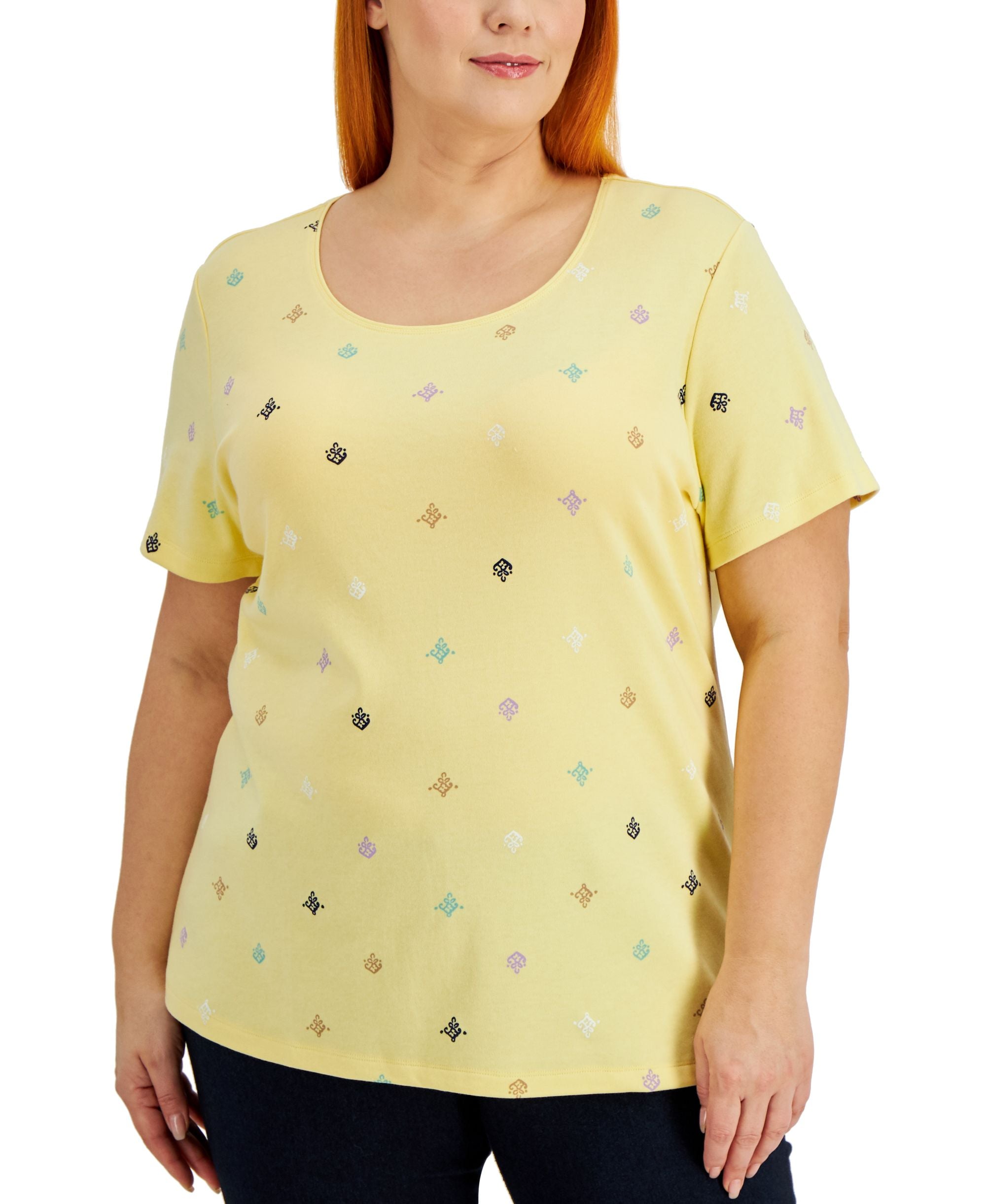 Karen Scott Plus Size Filigree Flight Printed Scoop Neck Premium Top
