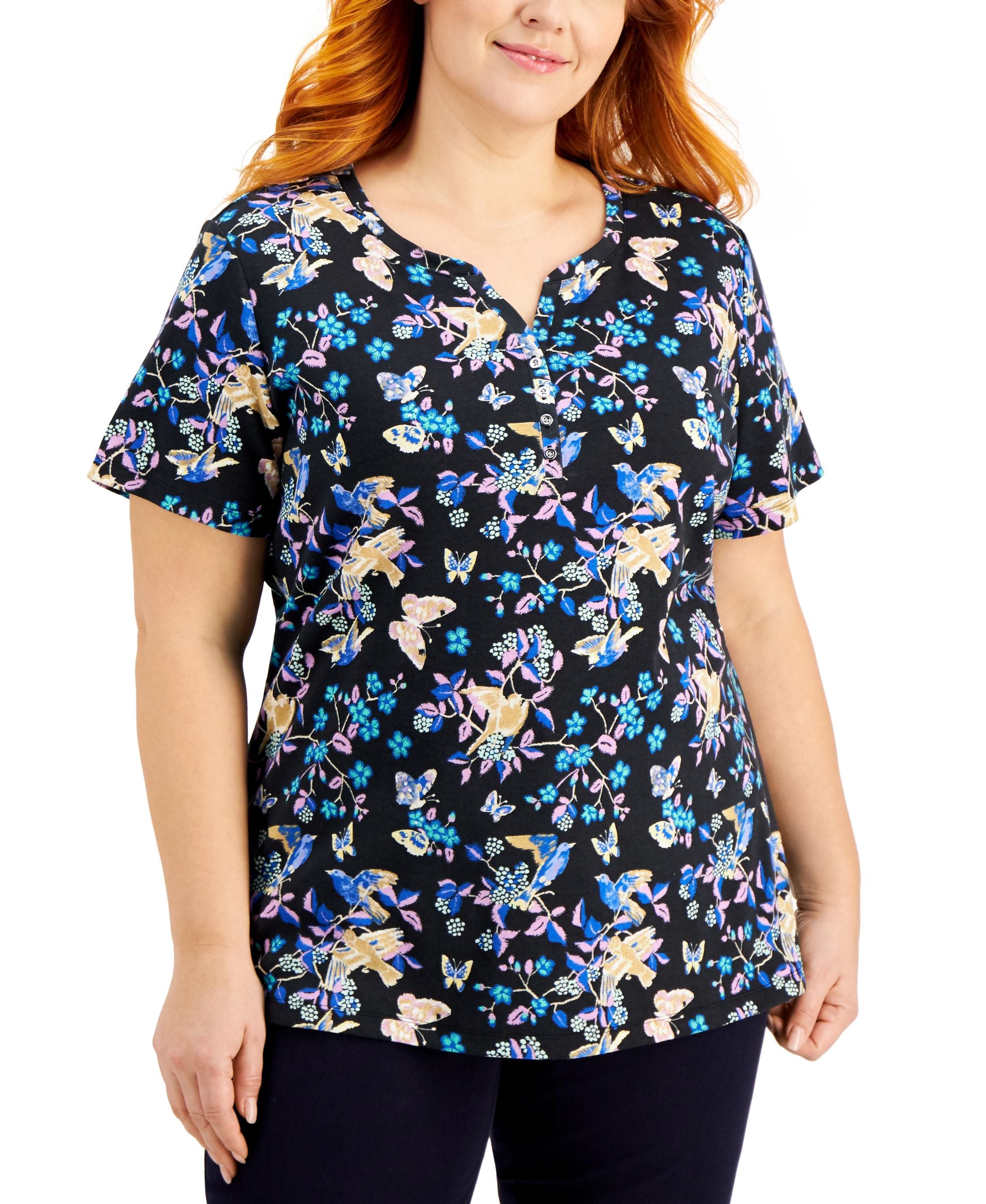Karen Scott Plus Size Hatched Meadow Henley Premium Top