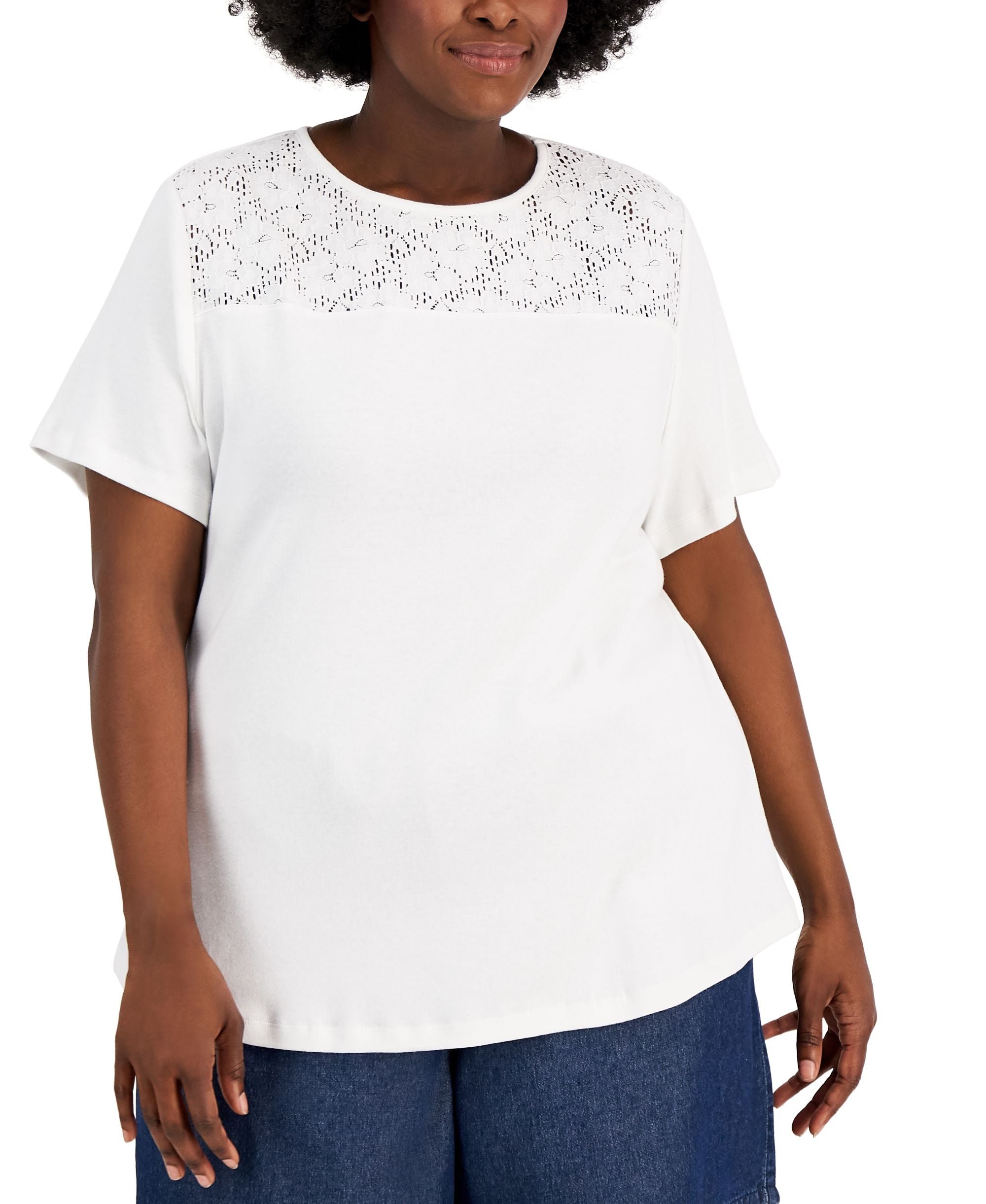 Karen Scott Plus Size Cotton Crochet Yoke Premium Top