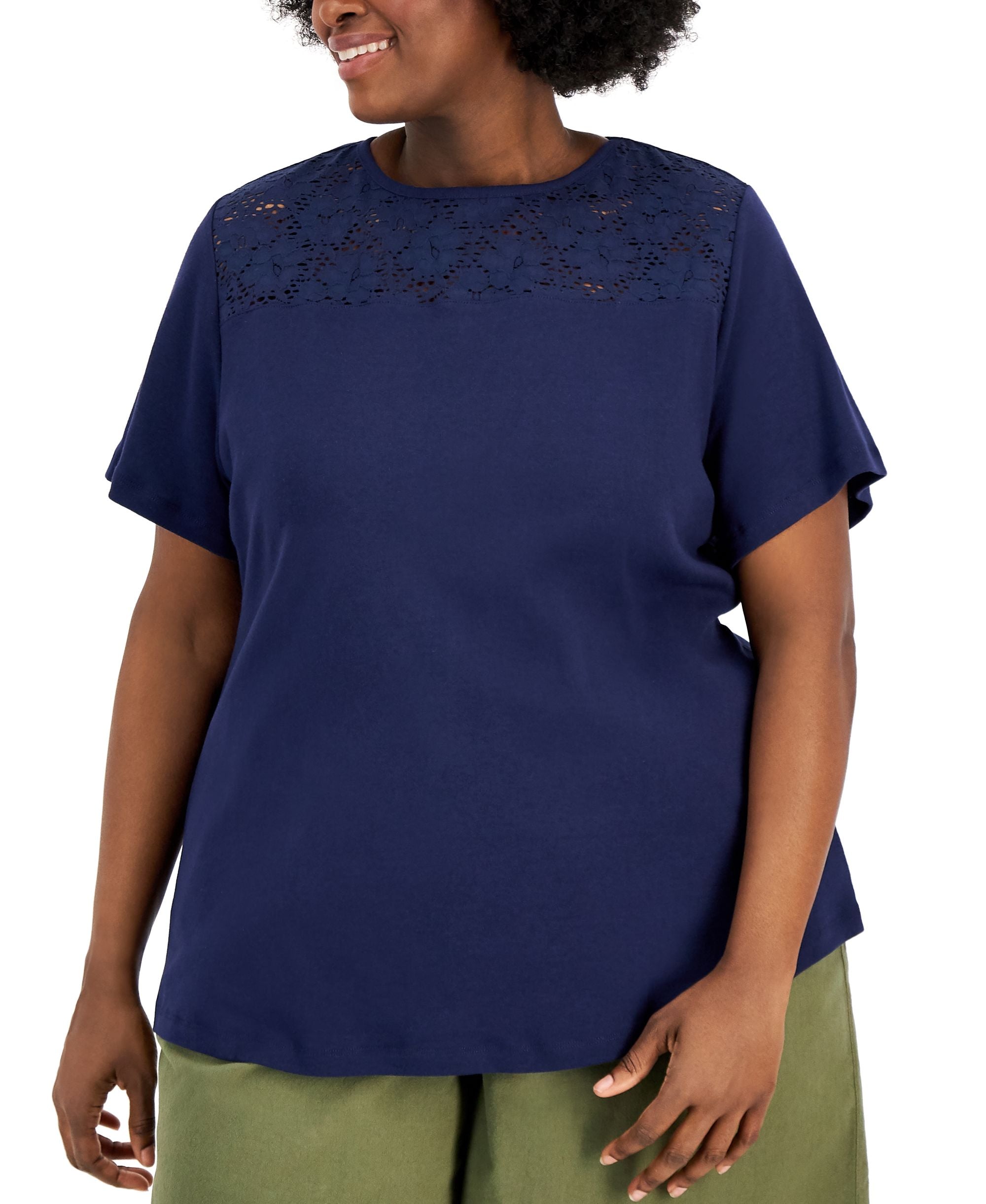 Karen Scott Plus Size Cotton Crochet Yoke Premium Top
