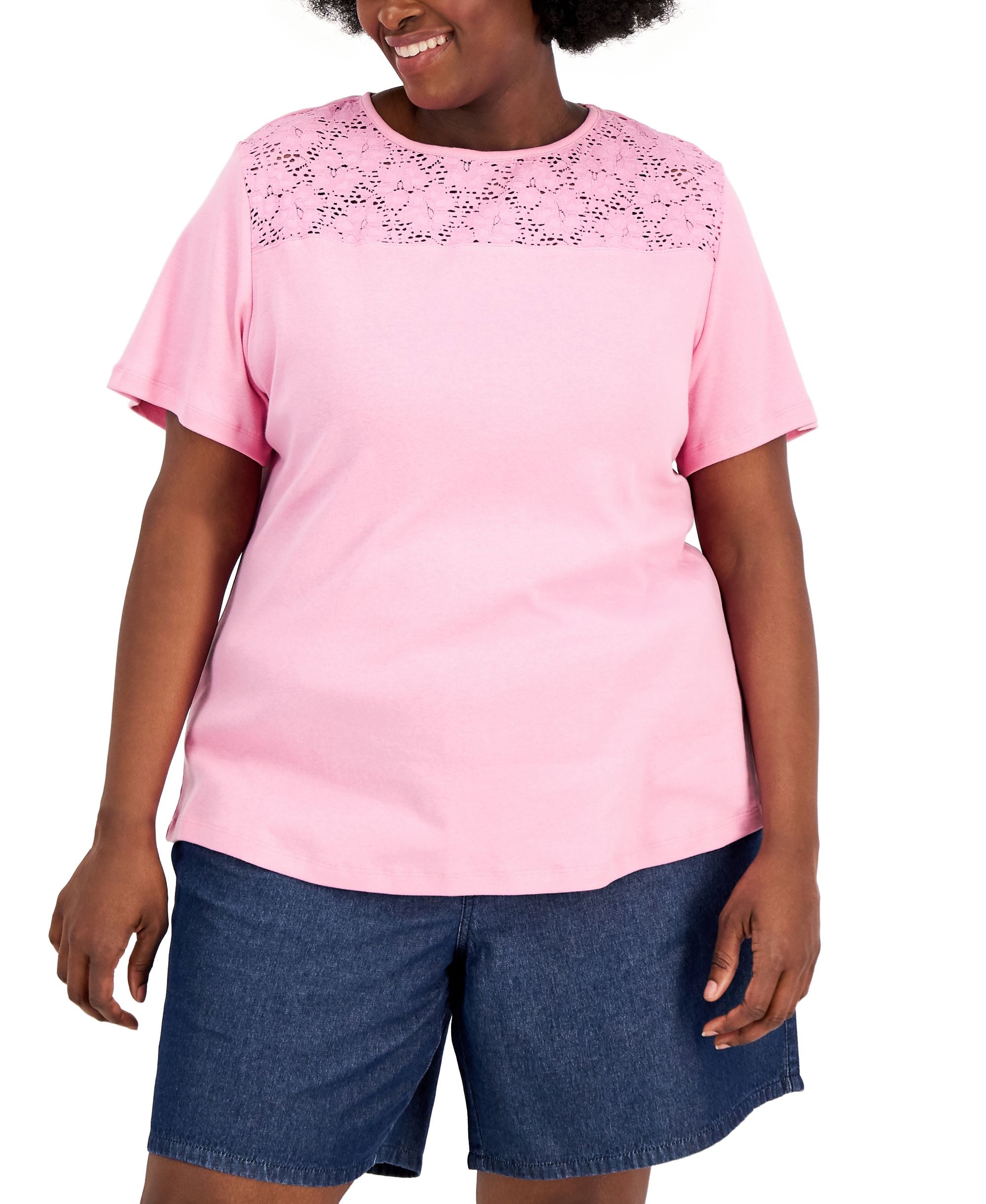 Karen Scott Plus Size Cotton Crochet Yoke Premium Top