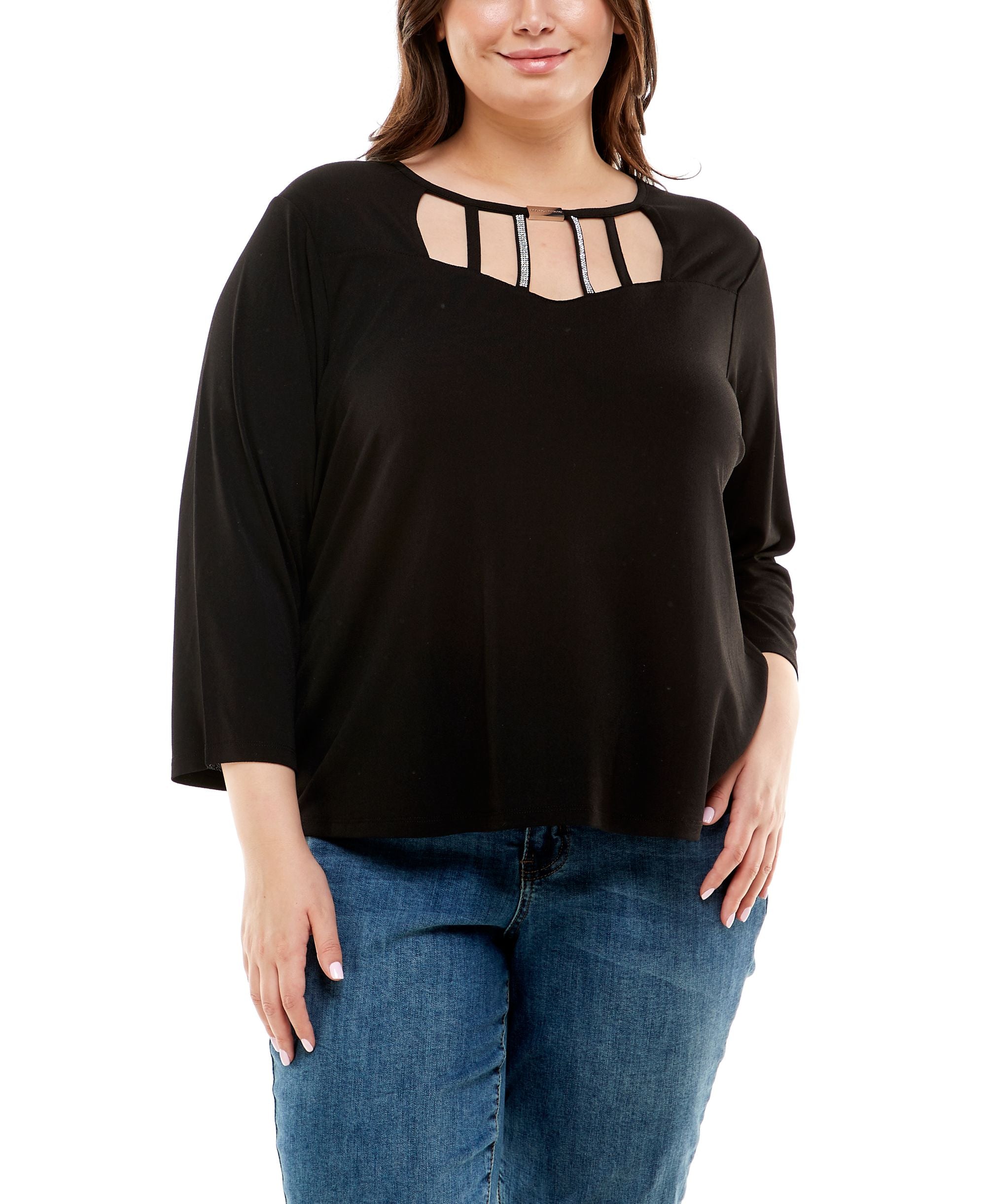 Plus Size 3/4 Sleeve Strapped Premium Top With Bead Bar Rhinestones