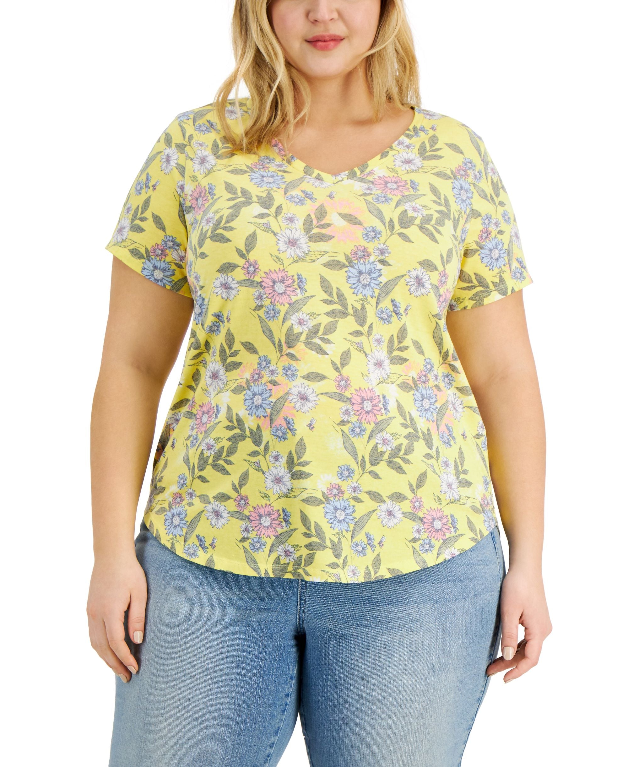 Style & Co Plus Size Printed Burnout V Neck Premium Top