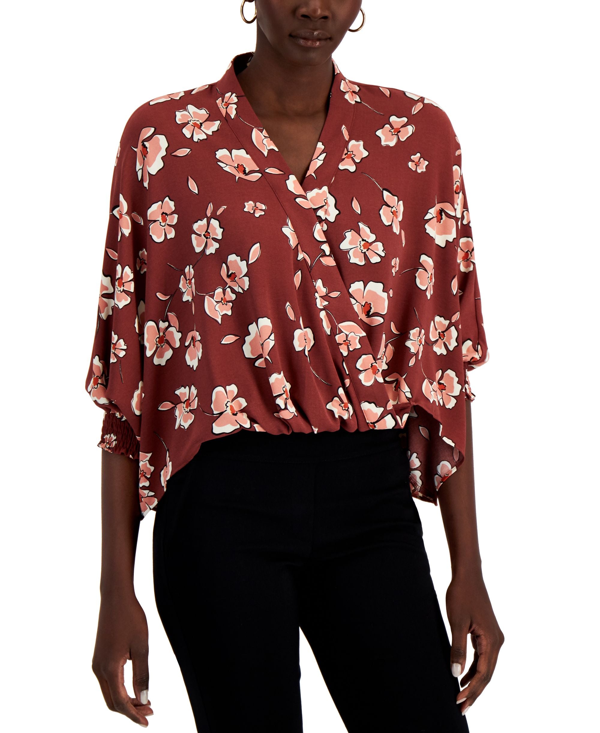 Alfani Petite Elastic Detail Printed Surplice Signature Blouse