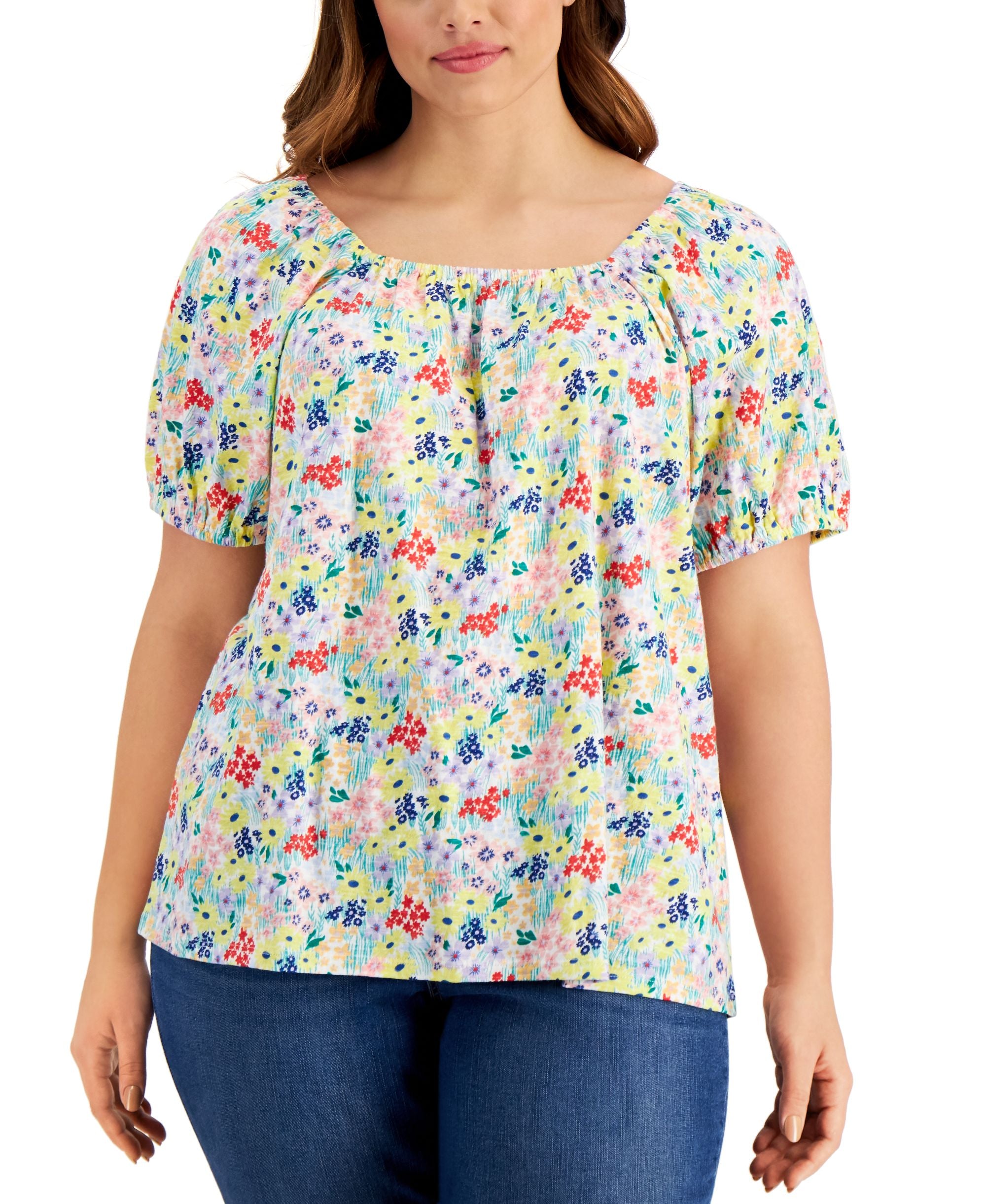 Style & Co Plus Size Cotton Printed Off The Shoulder Premium Top