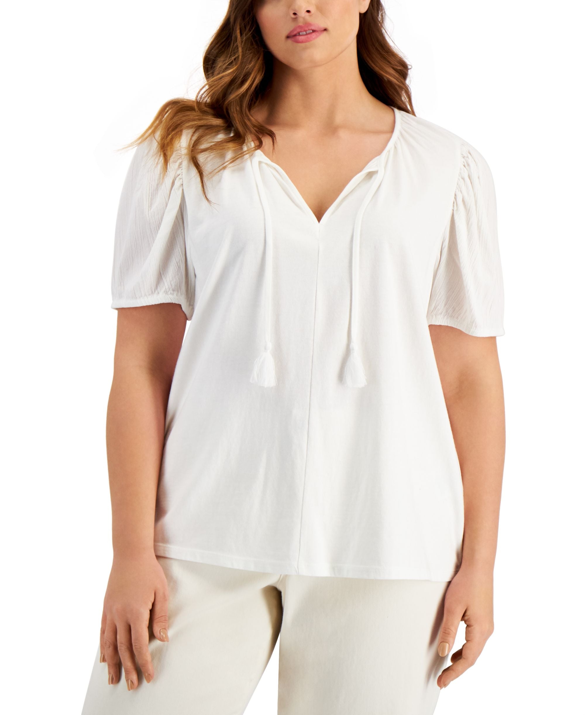 Style & Co Womens Textured Sleeve Tie Neck Premium Top