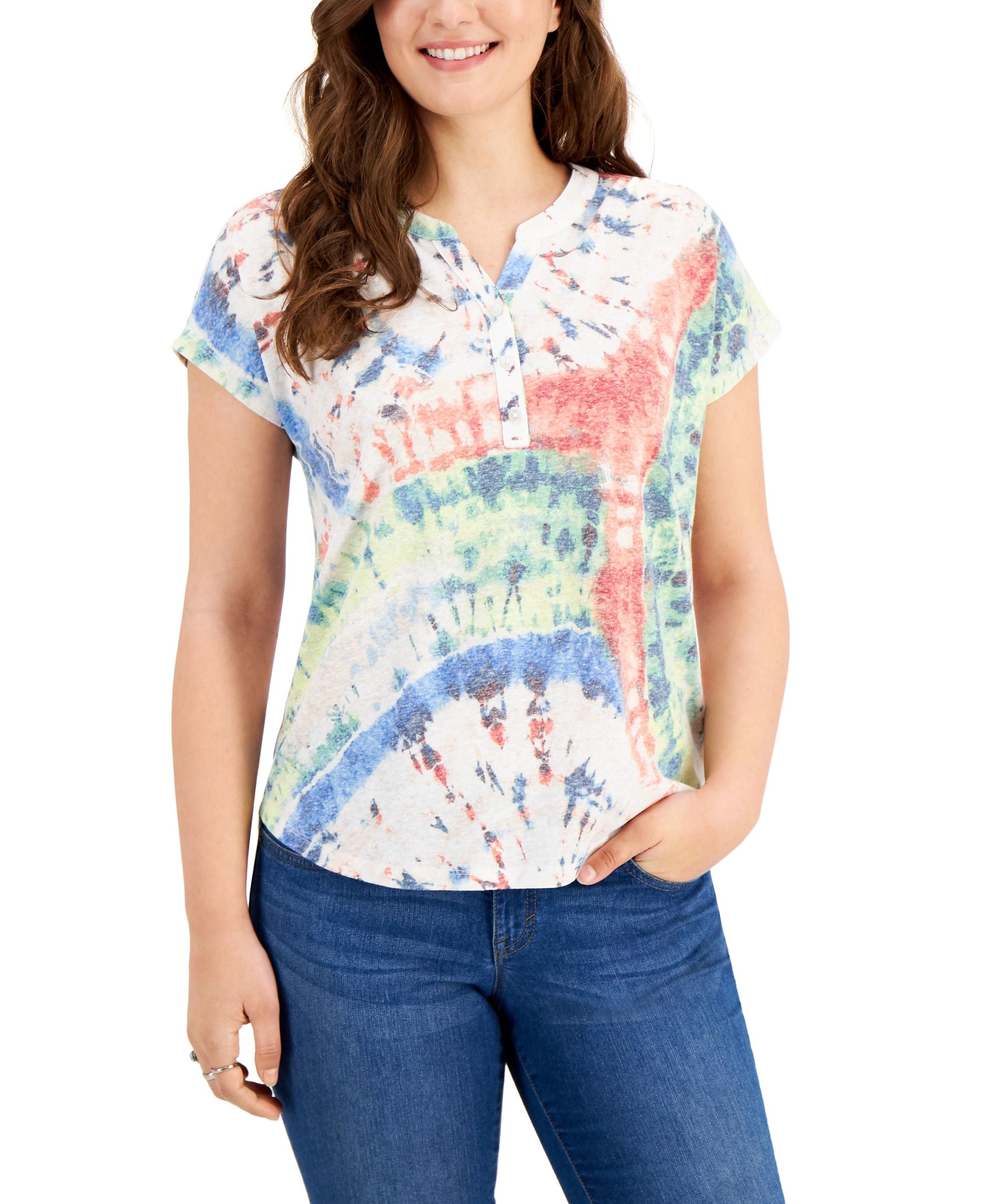 Style & Co Petite Tie Dye Henley Premium Top