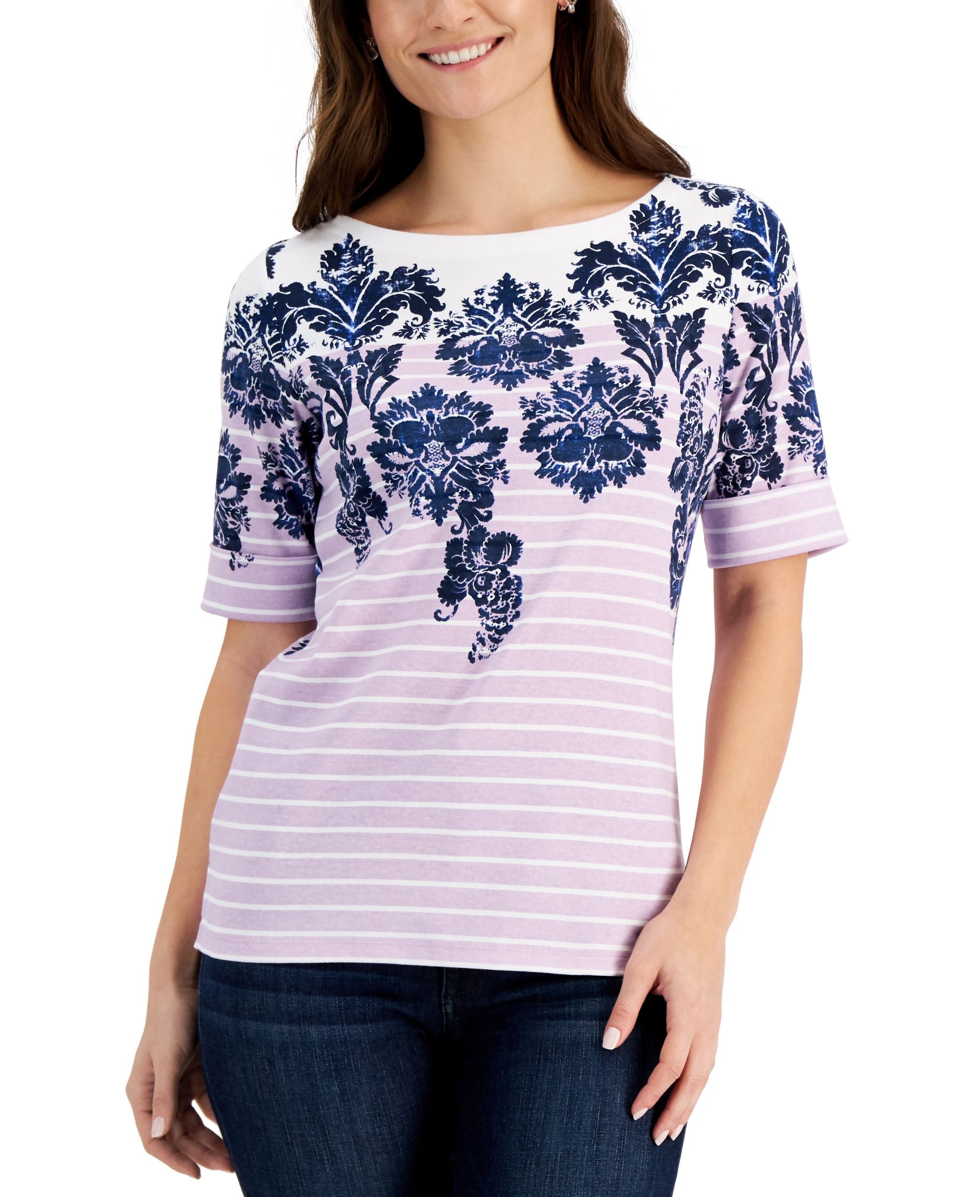 Karen Scott Mixed Print Elbow Sleeve Premium Top