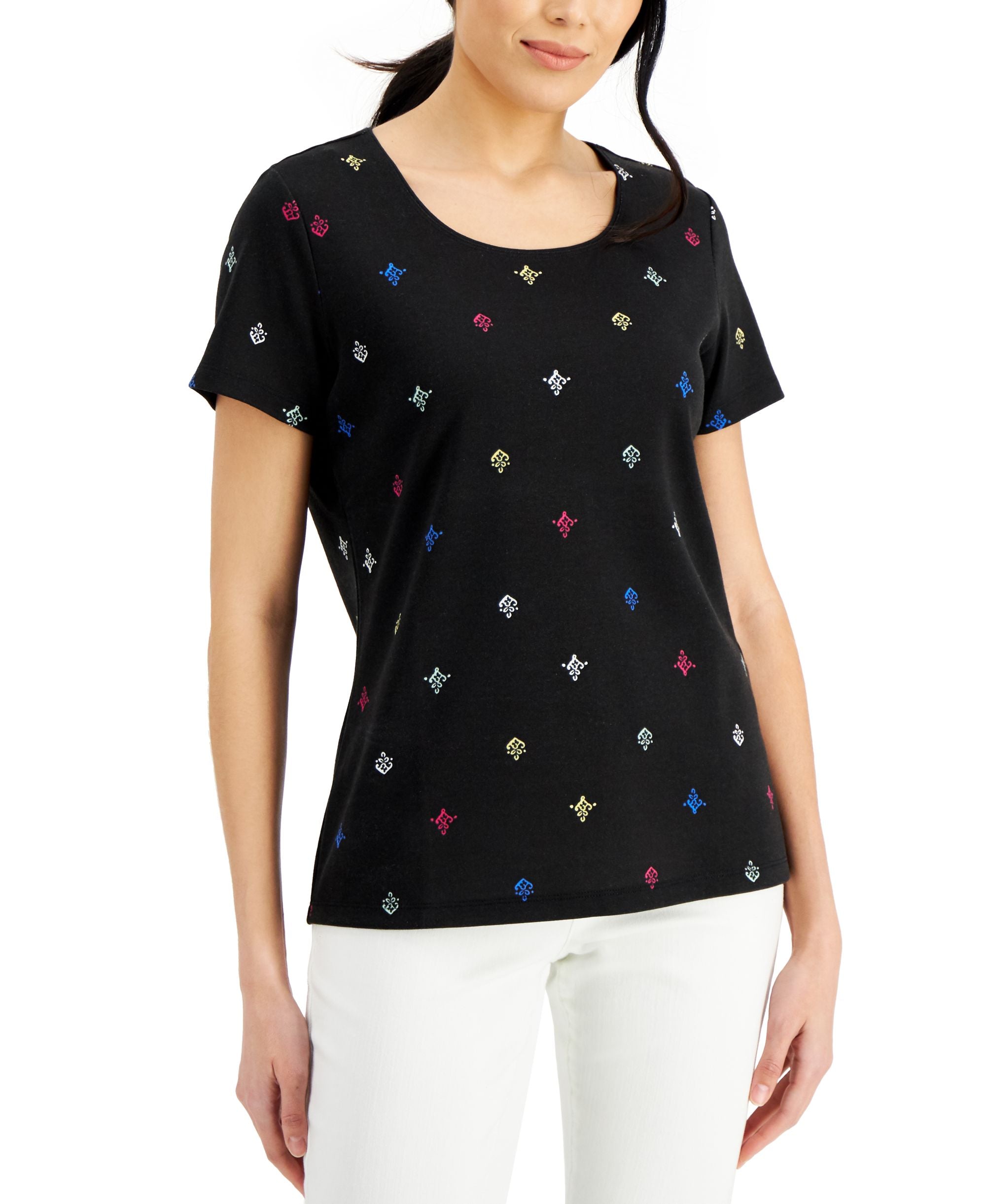 Karen Scott Filigree Flight Short-Sleeve Scoop Neck Premium Top