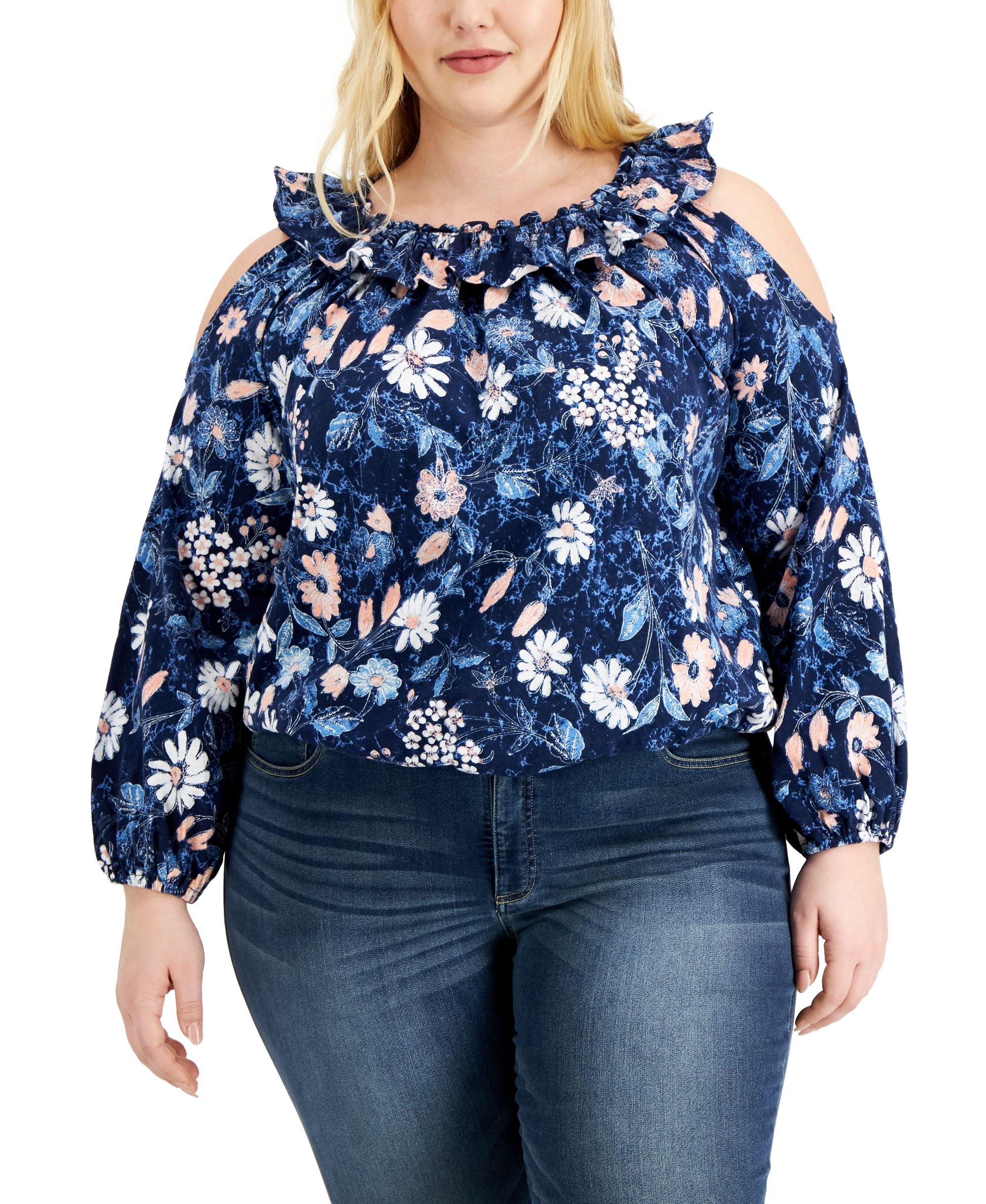 INC International Concepts Plus Size Floral Print Ruffled Cold Shoulder Premium Top