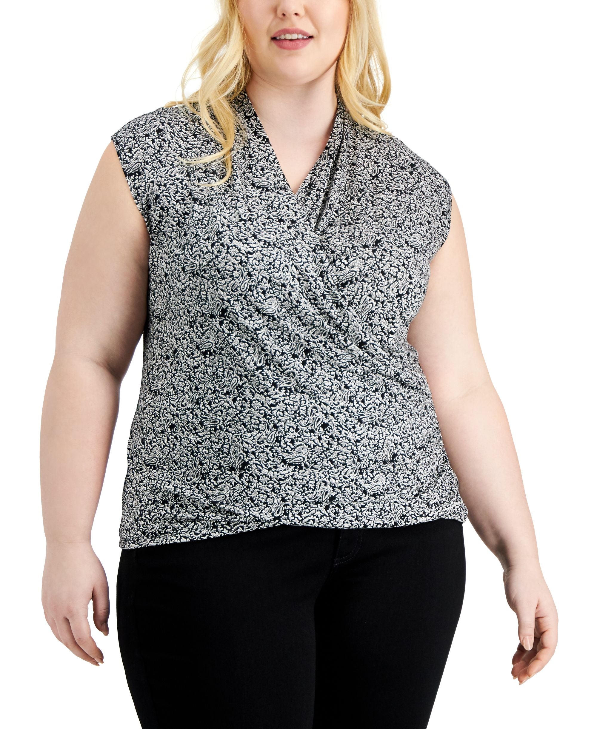 INC International Concepts Plus Size Paisley Print Sleeveless Surplice Premium Top