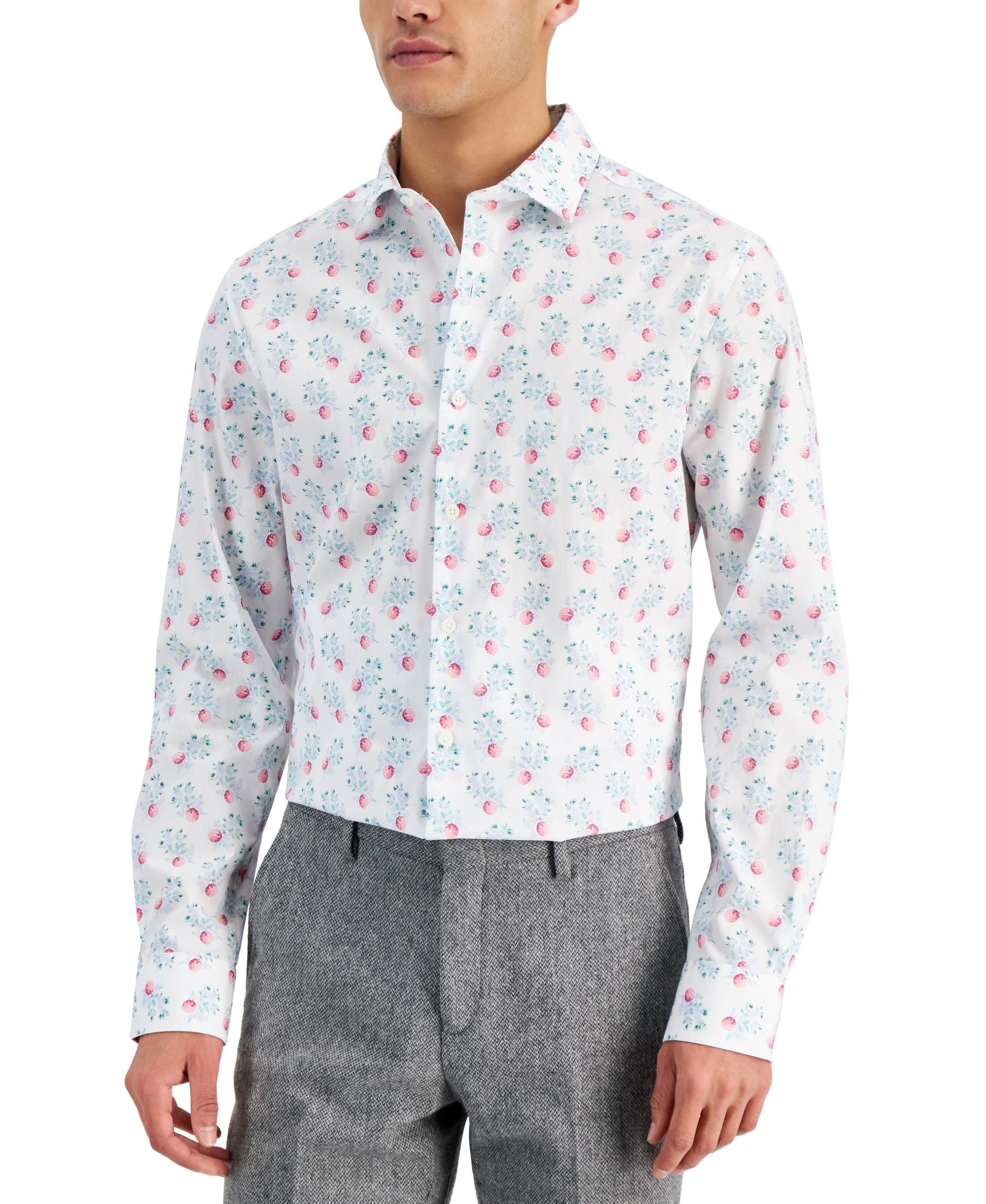 Bar III Mens Slim-Cut Fit Berry Print Dress Modern Shirt