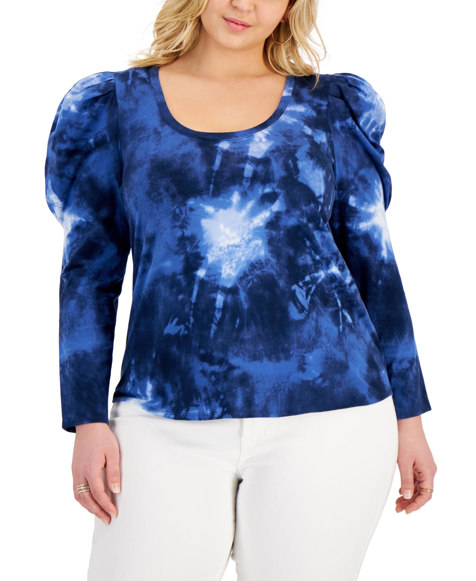 INC International Concepts Plus Size Puff-Sleeve Tie Dye Premium Top
