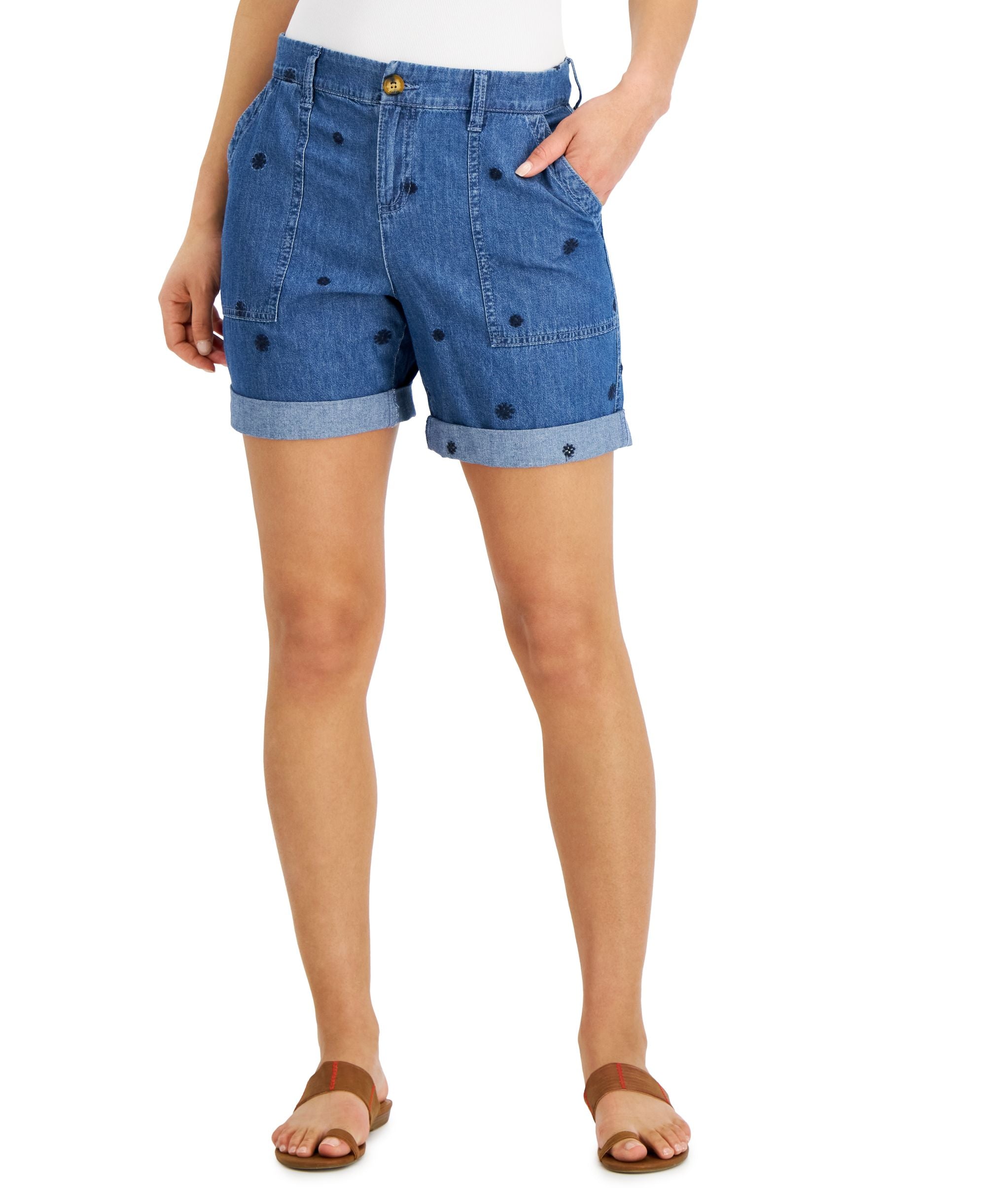 Style & Co Womens Roll Cuff Embroidered Denim Premium Shorts