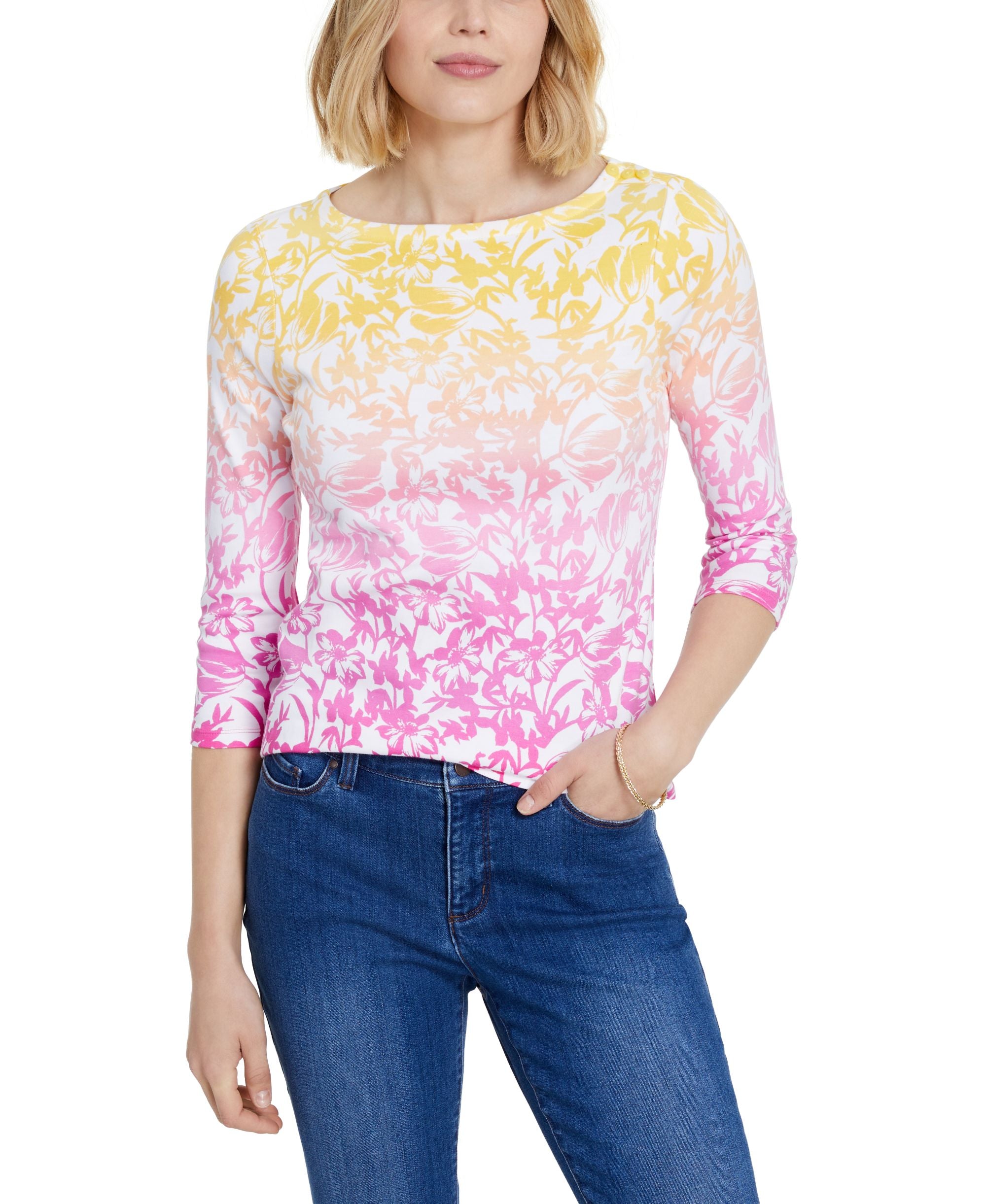 Charter Club Petite Floral Print 3/4 Sleeve Premium Top