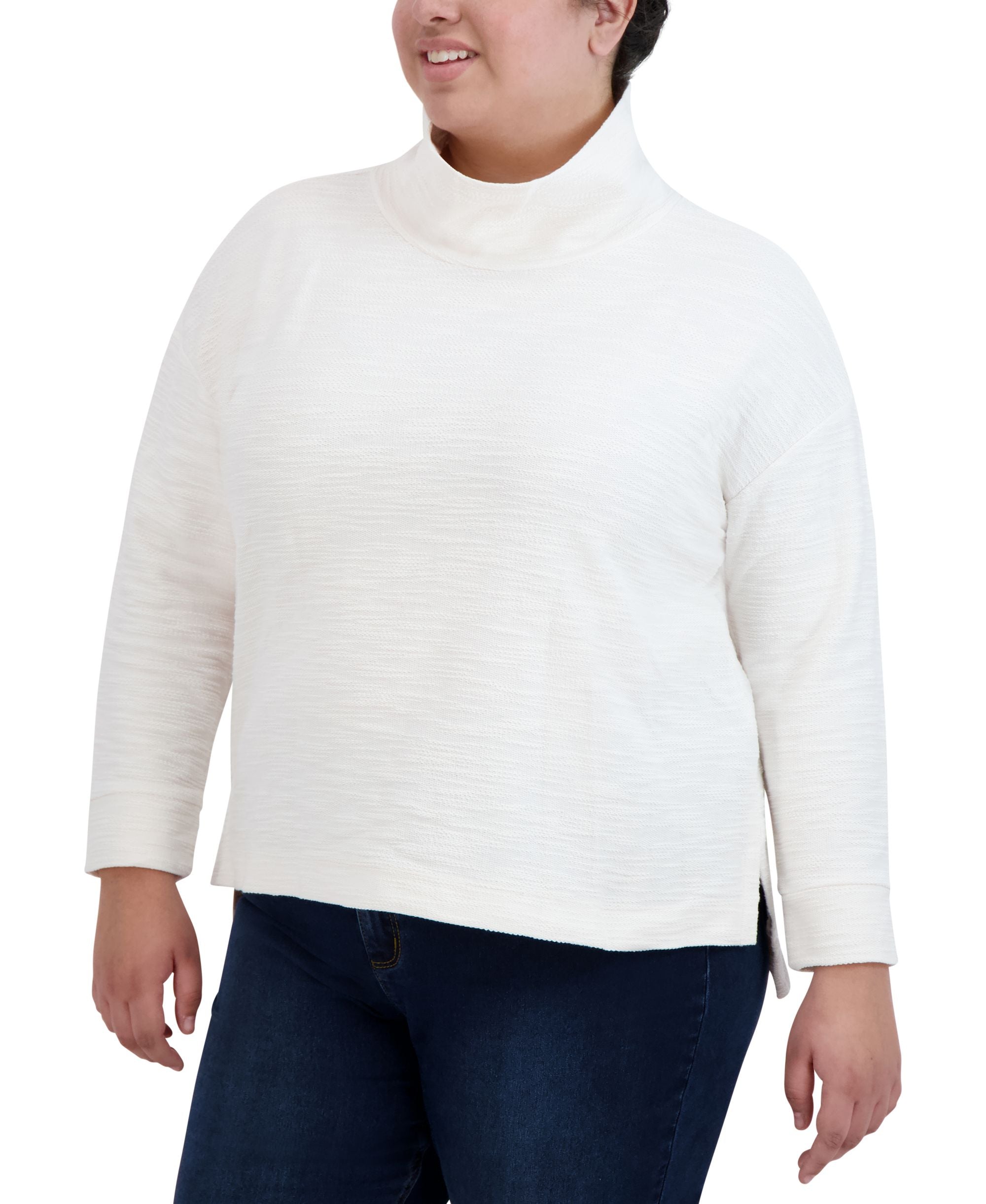 Jones New York Womens Plus Cotton Side Slits Turtleneck Premium Top