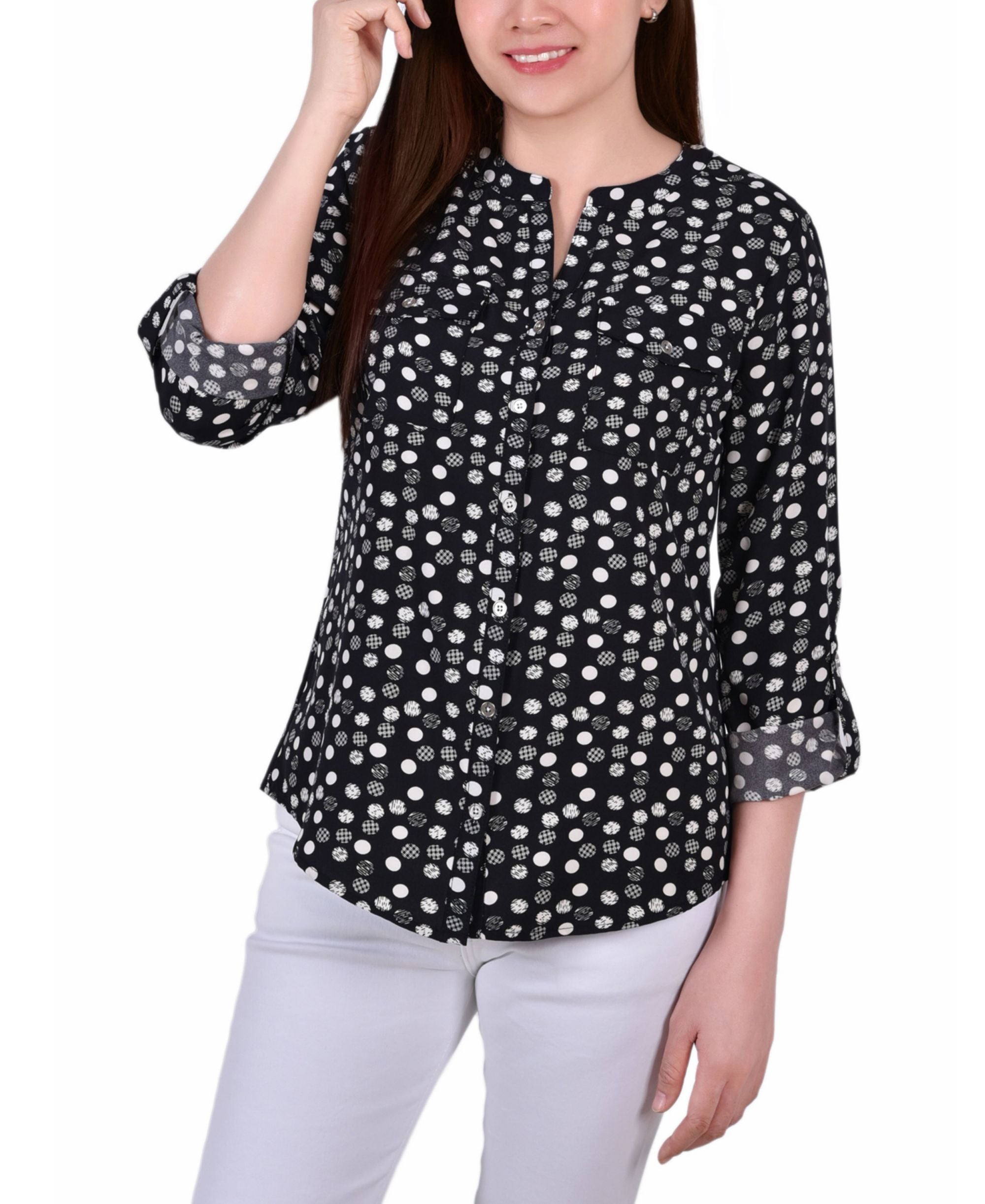 Petite Tab Y Neck Signature Blouse