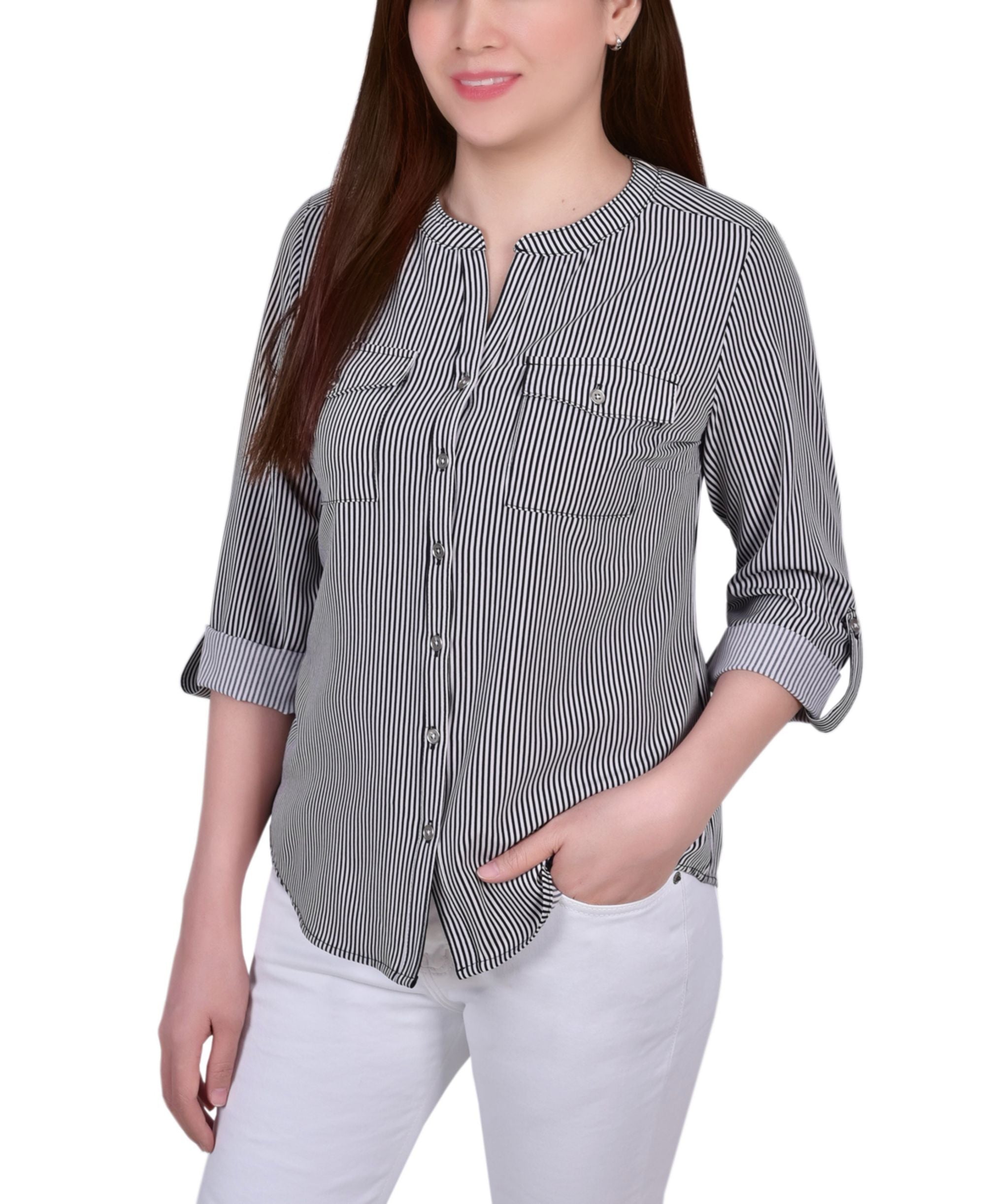 Petite Tab Y Neck Signature Blouse