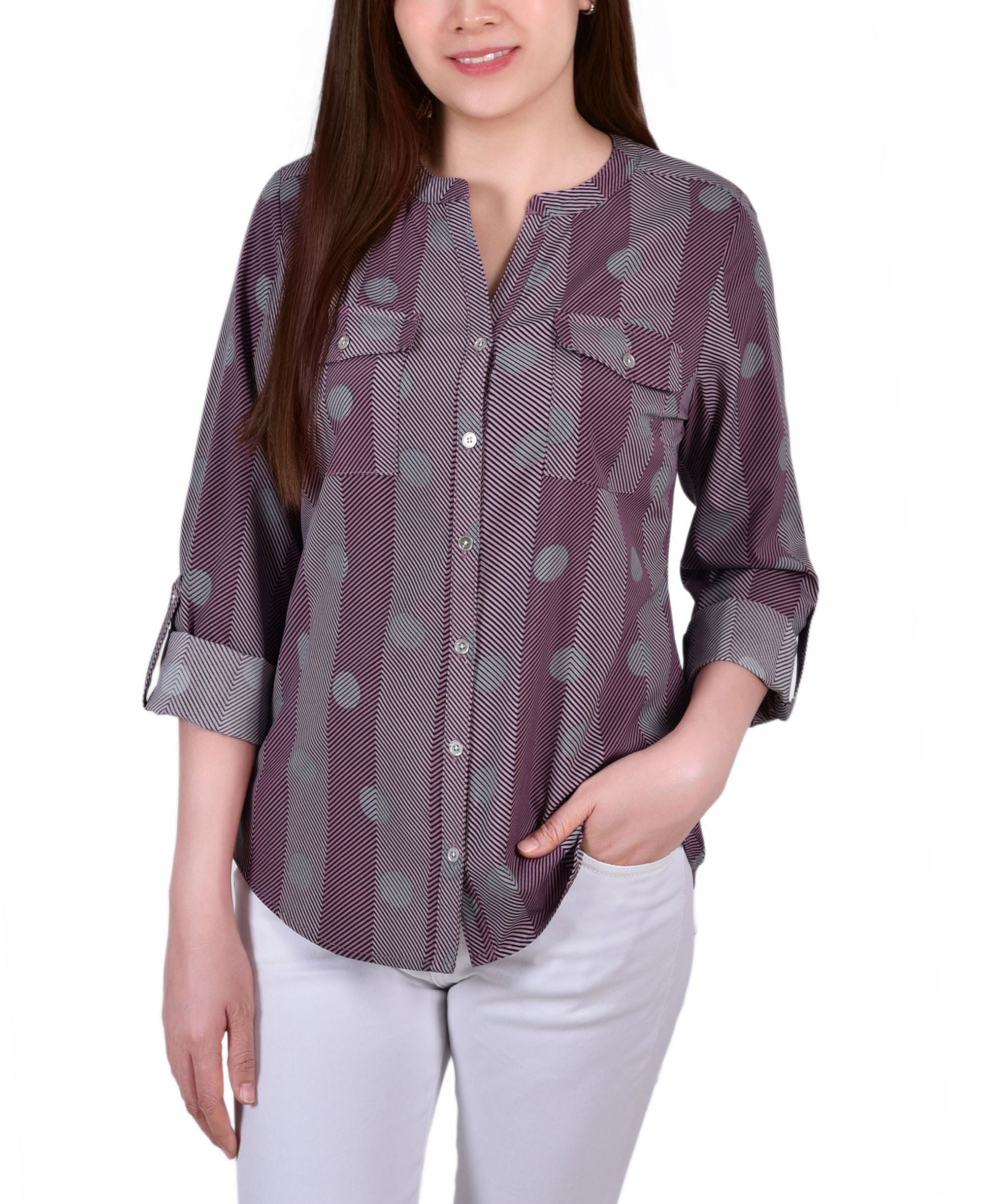 Petite Tab Y Neck Signature Blouse