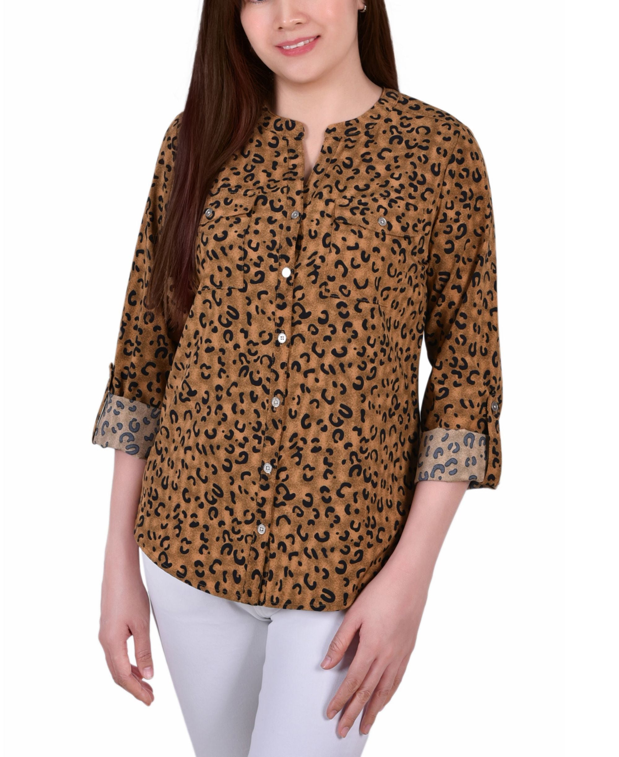 Petite Tab Y Neck Signature Blouse