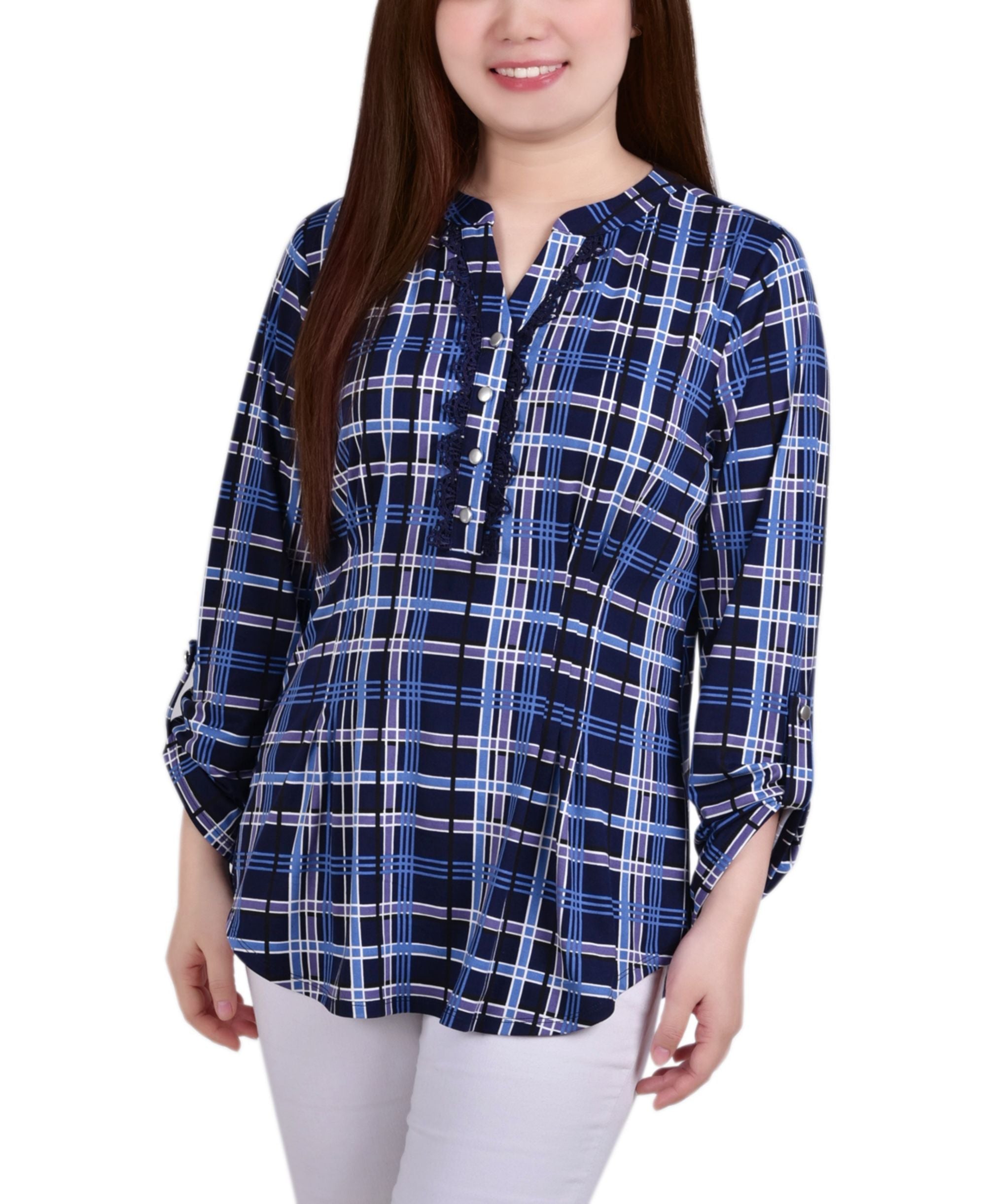 Petite Plaid Y Neck Premium Top