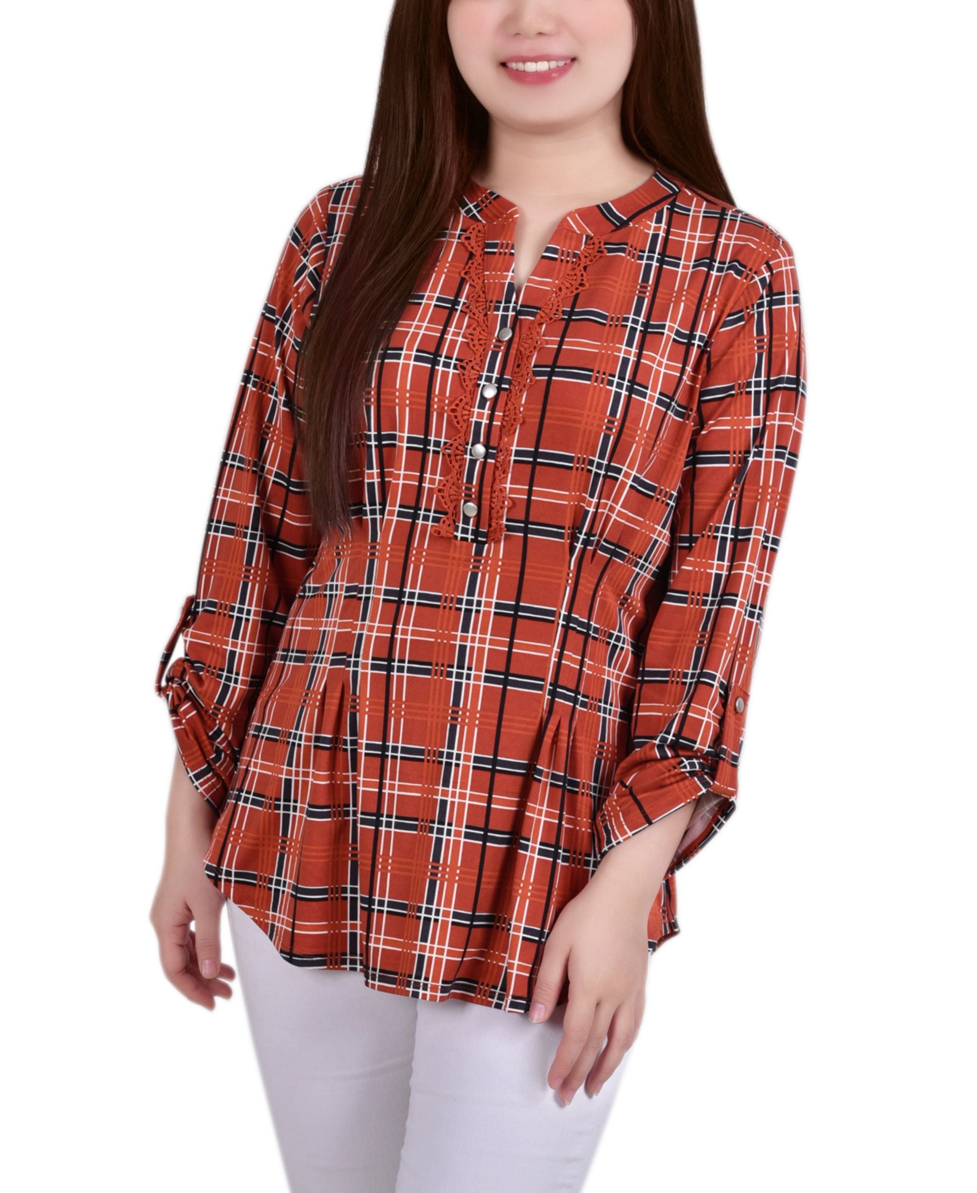 Petite Plaid Y Neck Premium Top