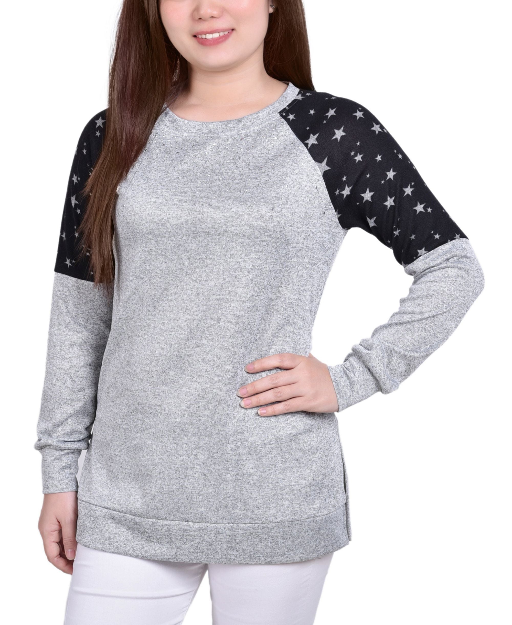 Petite Knit Premium Top With Print Shoulder Insets