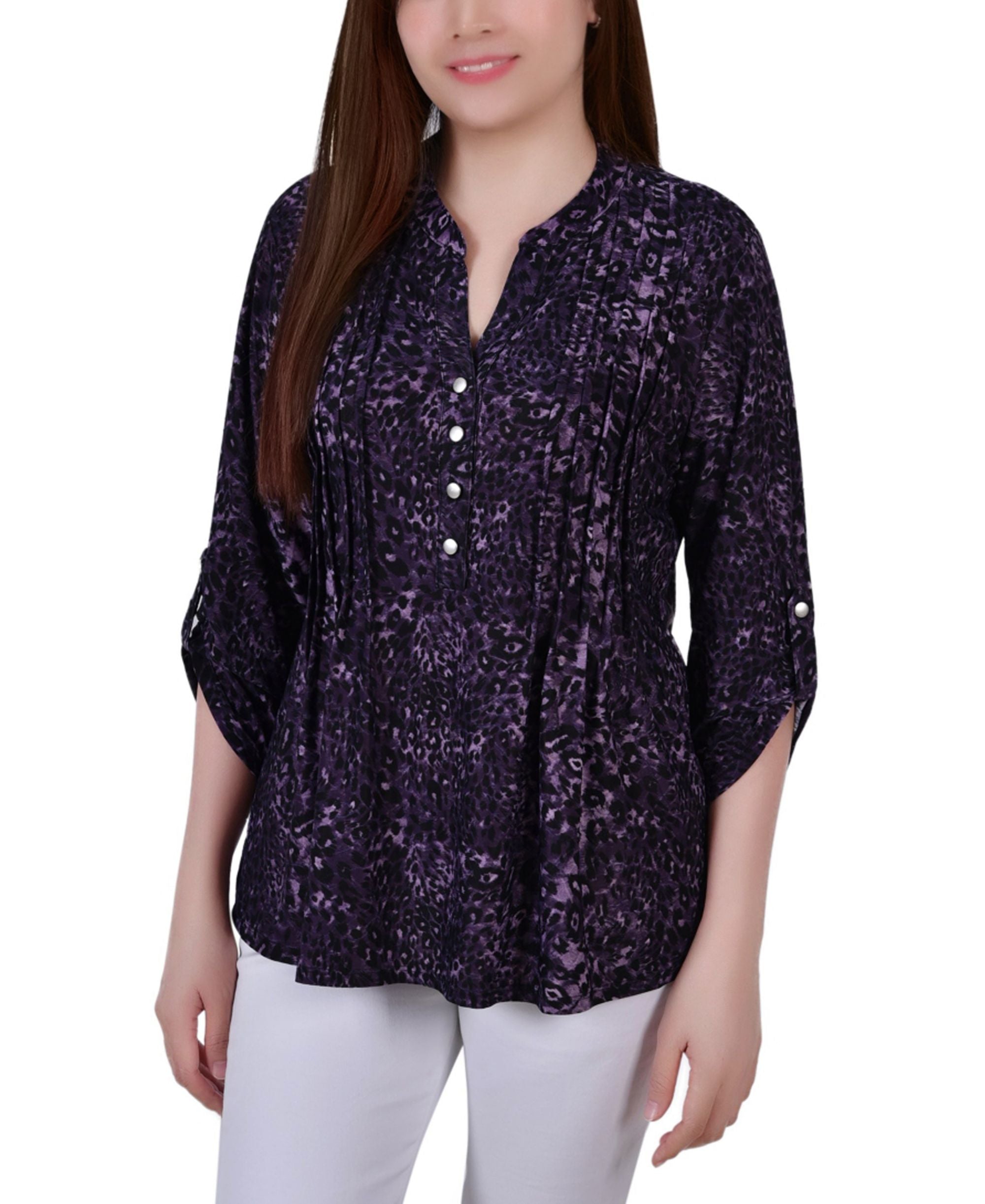 Petite Pintuck Roll Tab Sleeve Premium Top