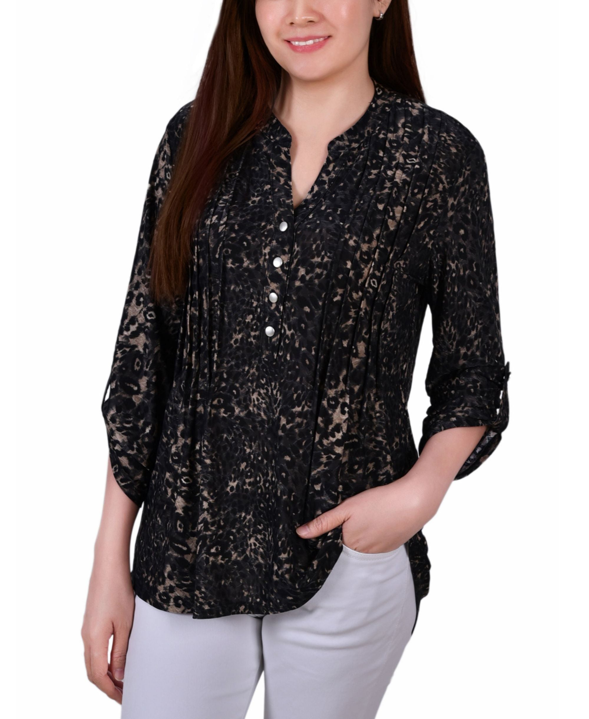 Petite Pintuck Roll Tab Sleeve Premium Top