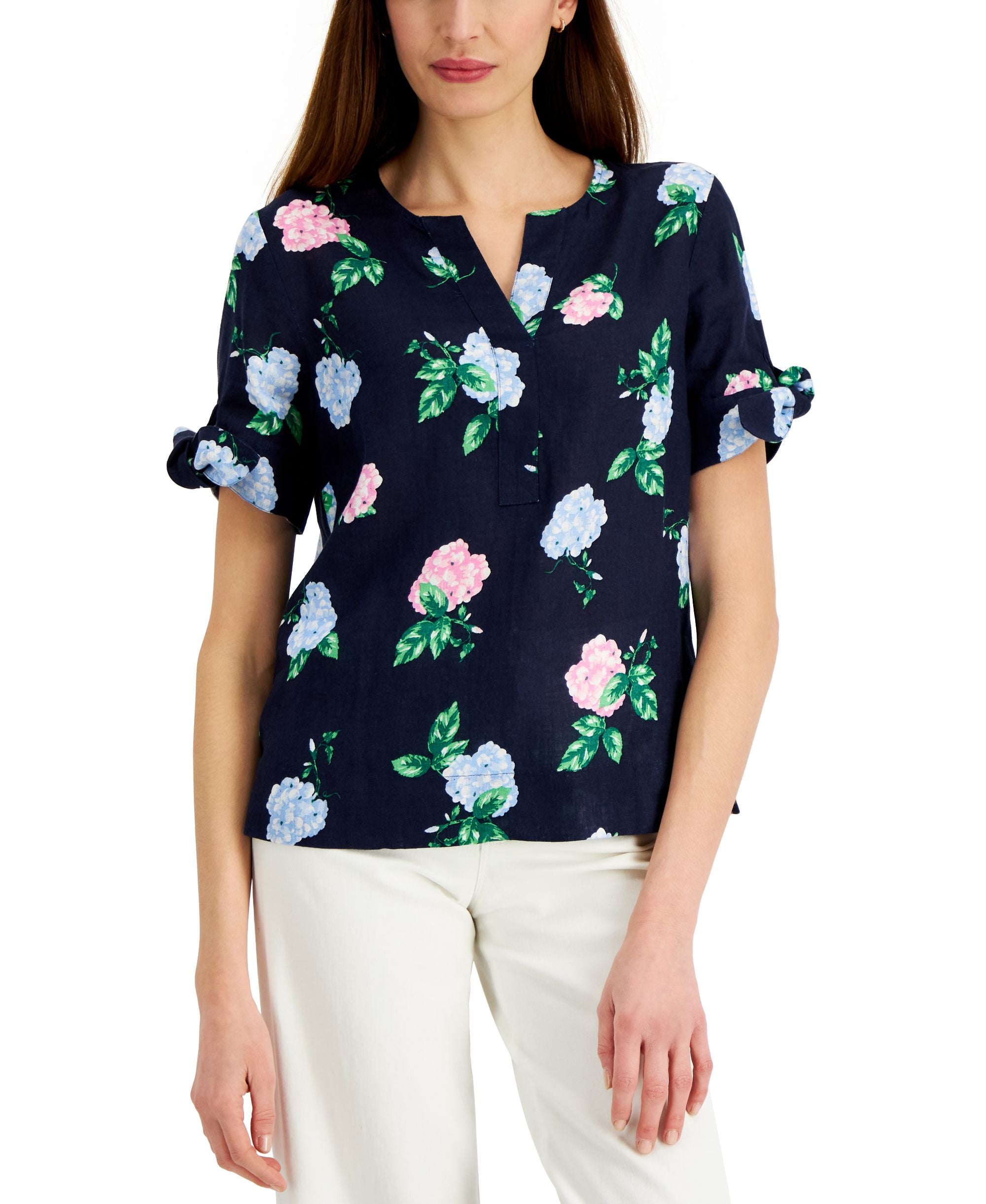 Charter Club Linen-Blend Tie Sleeve Premium Top