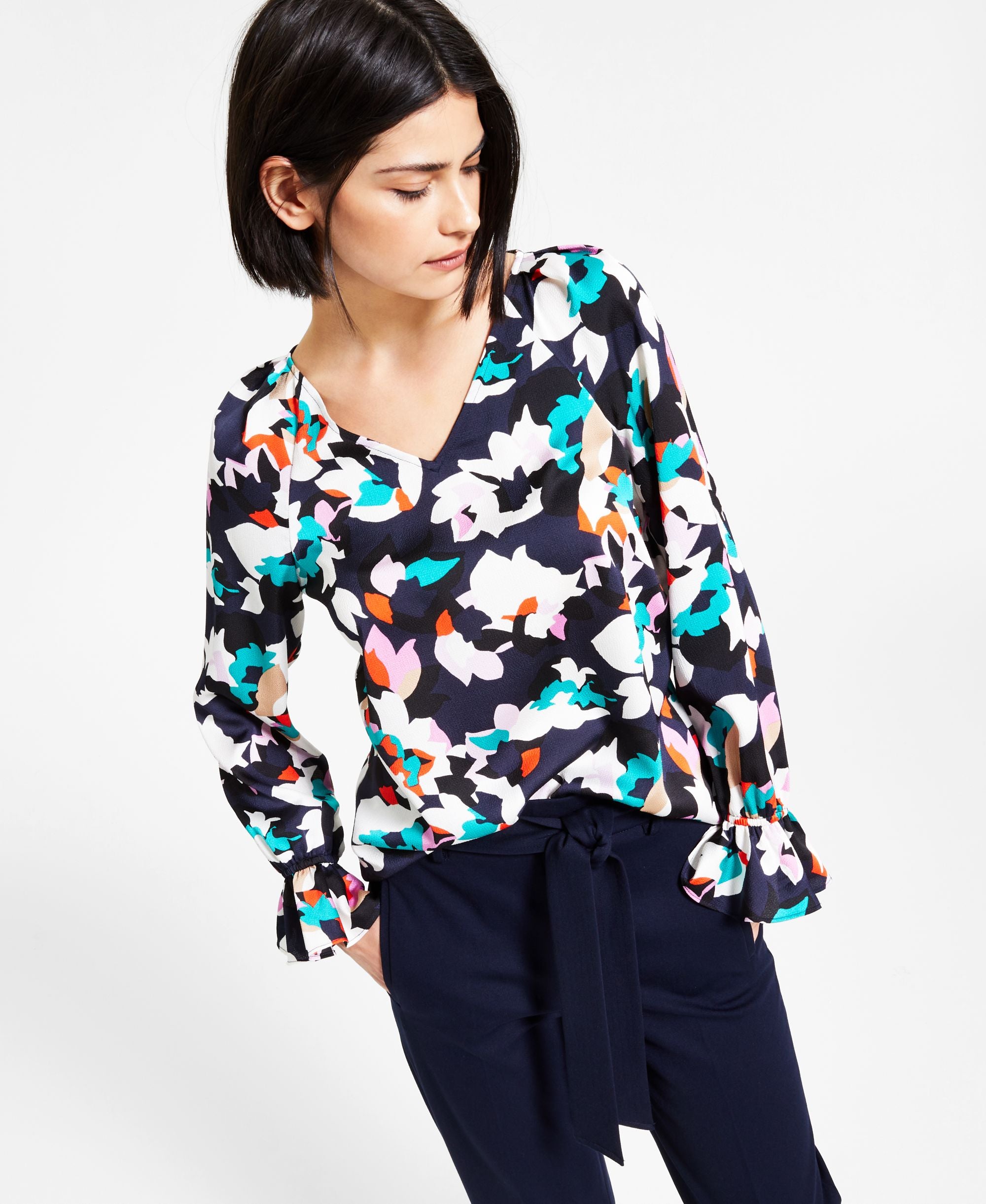 Bar III Floral Print V Neck Premium Top