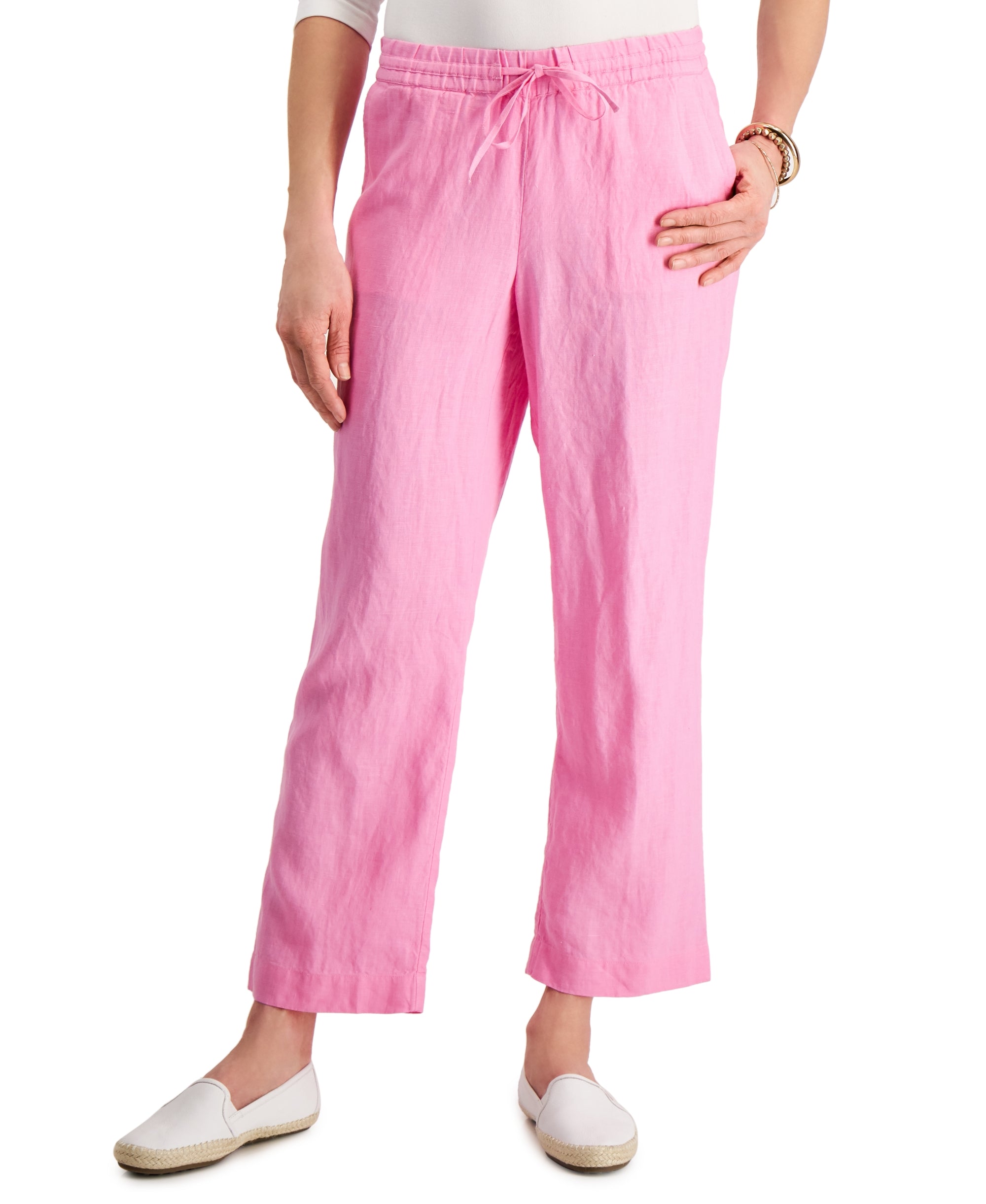 Petite 100% Linen-Blend Drawstring Signature Pants