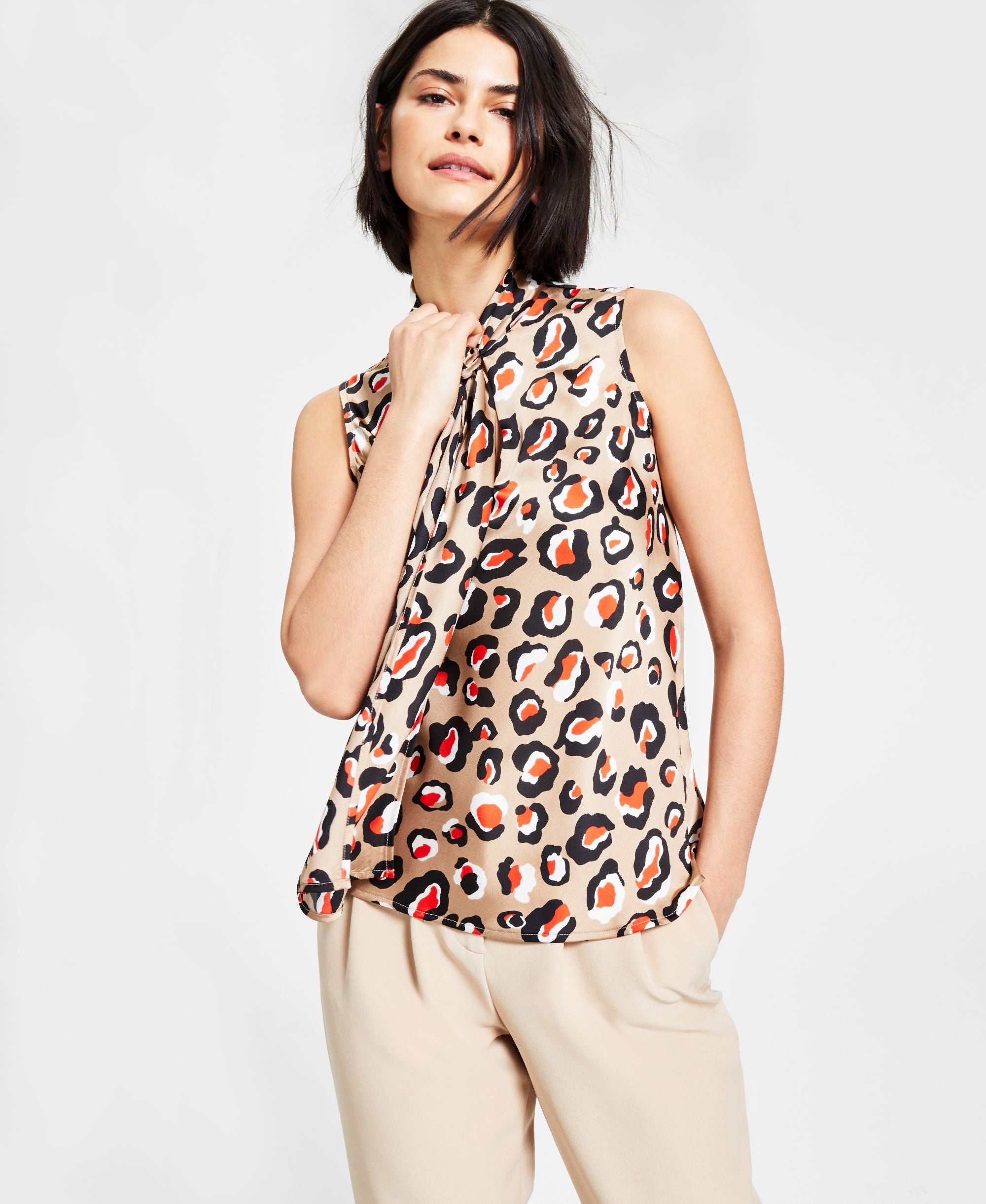 Bar III Leopard-Print Sleeveless Bow Premium Top