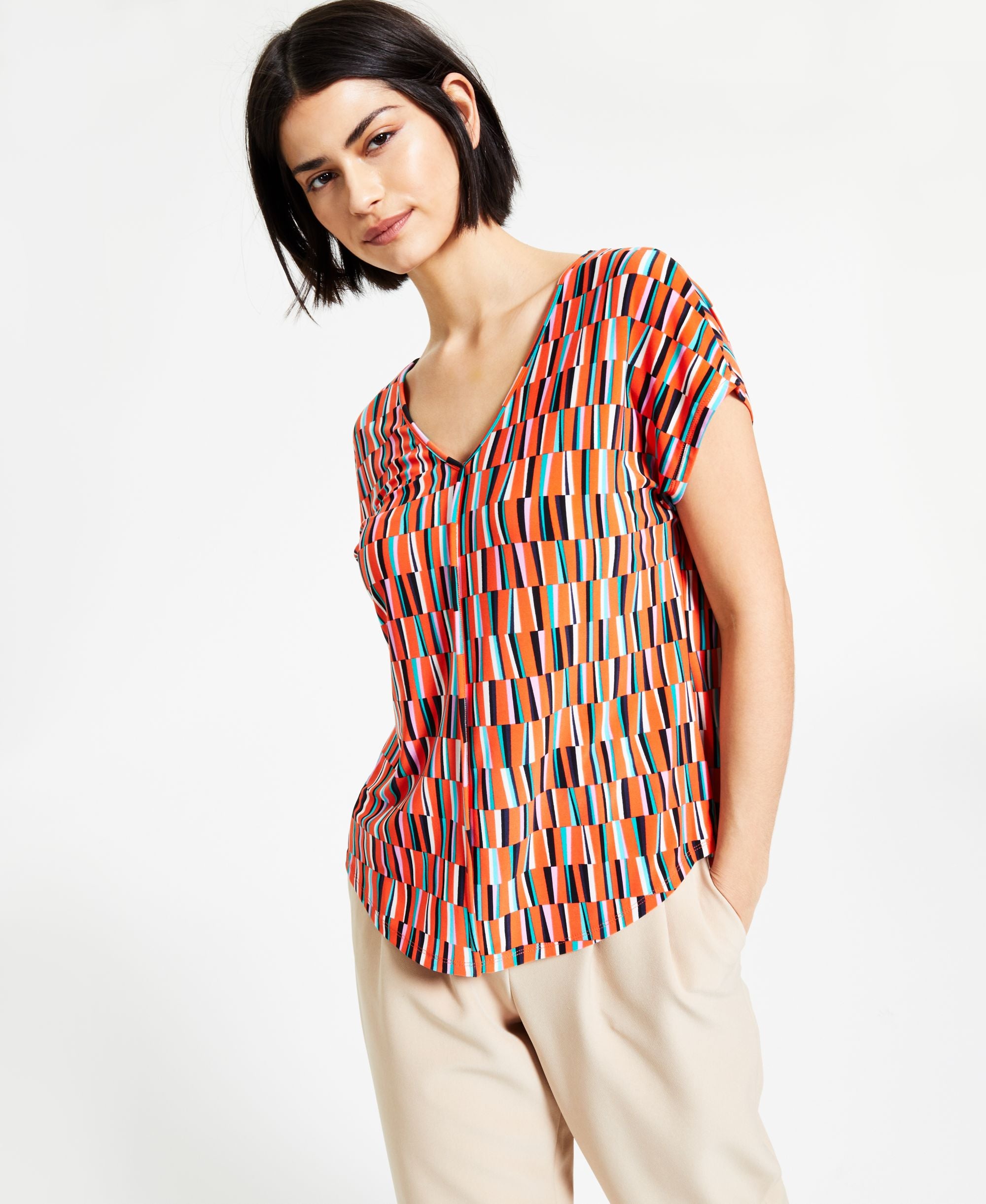 Bar III Womens Printed V-Neck Premium Top