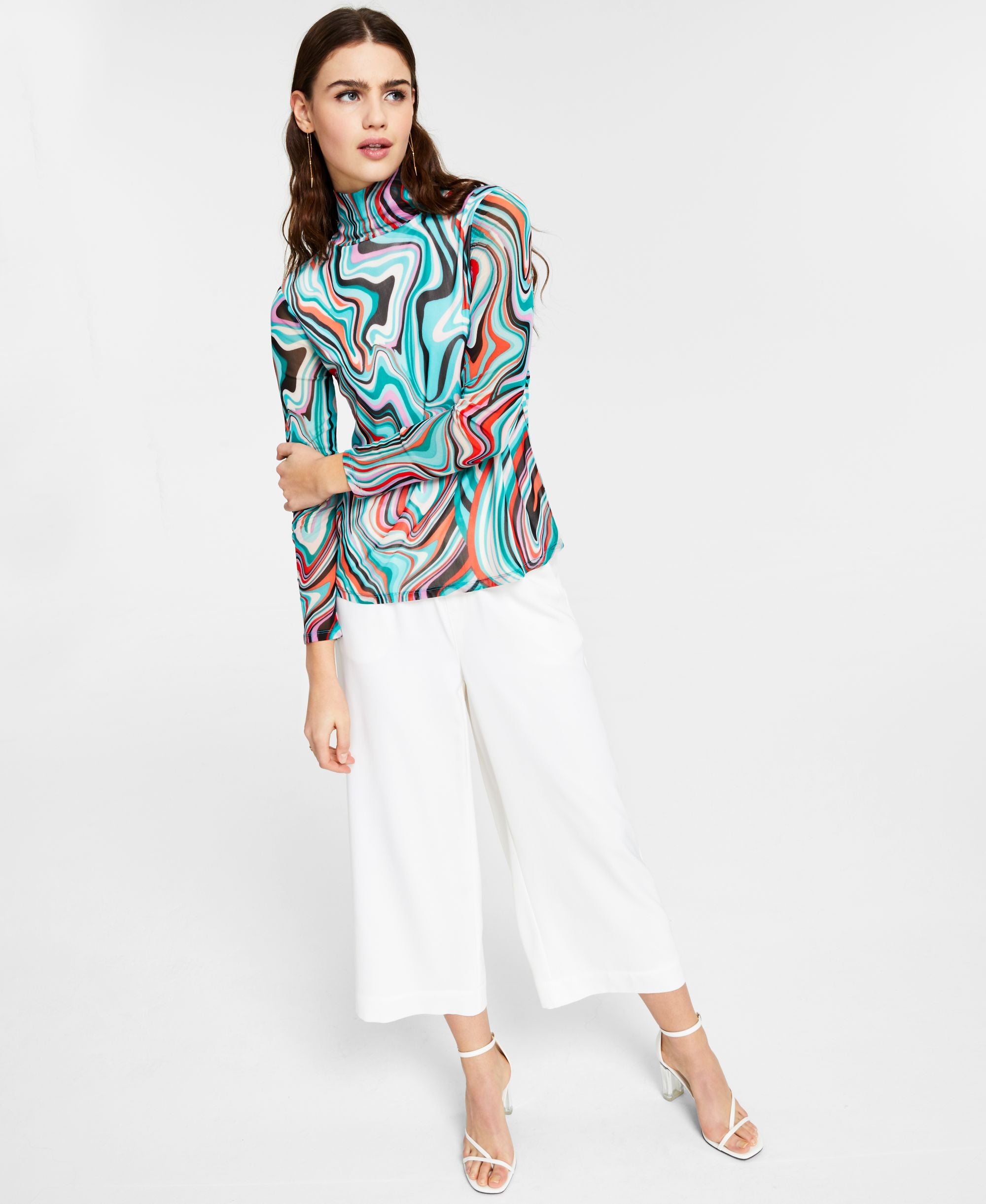 Bar III Printed Mesh Mock Neck Premium Top