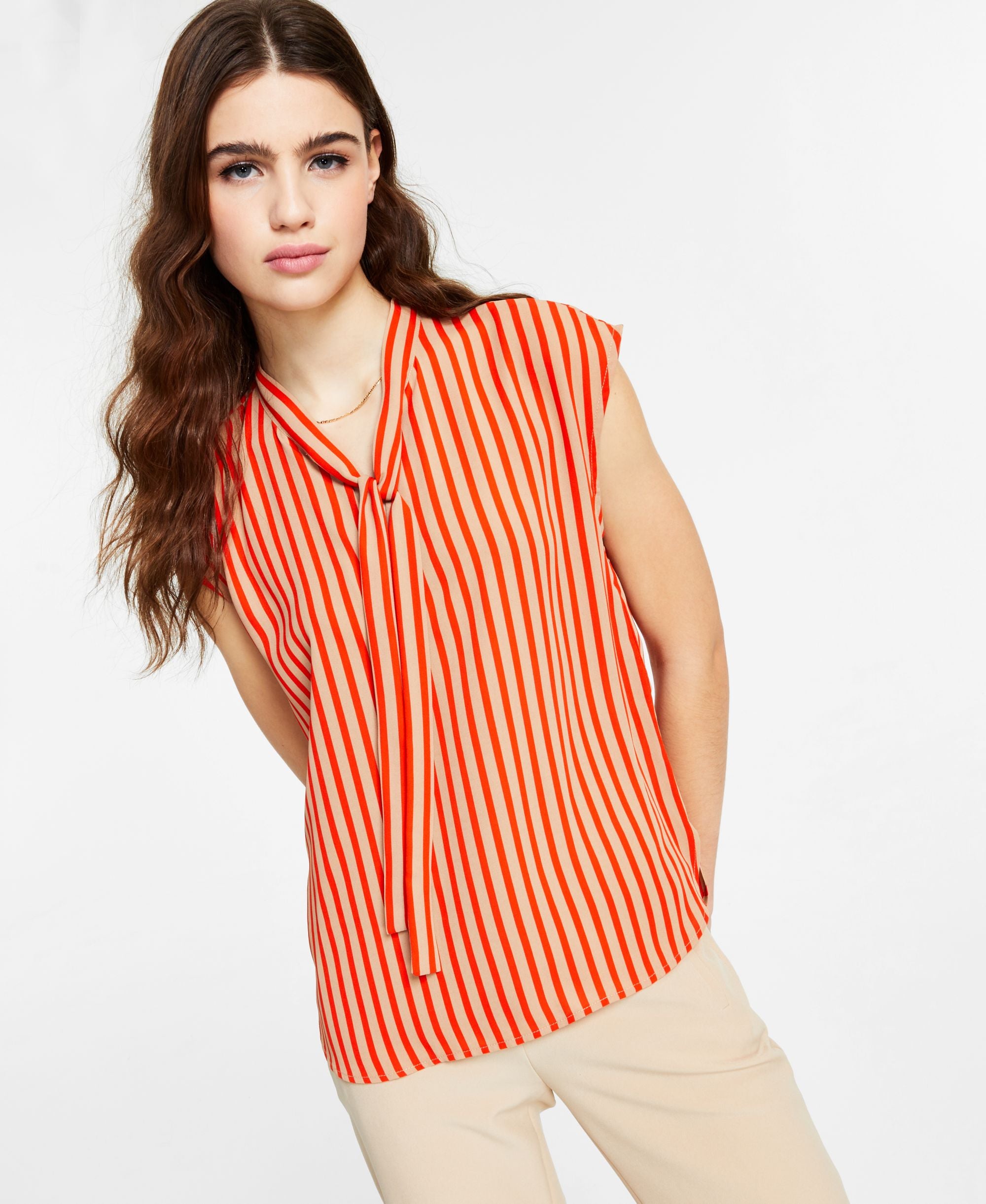 Bar III Striped Tie-Neck Premium Top