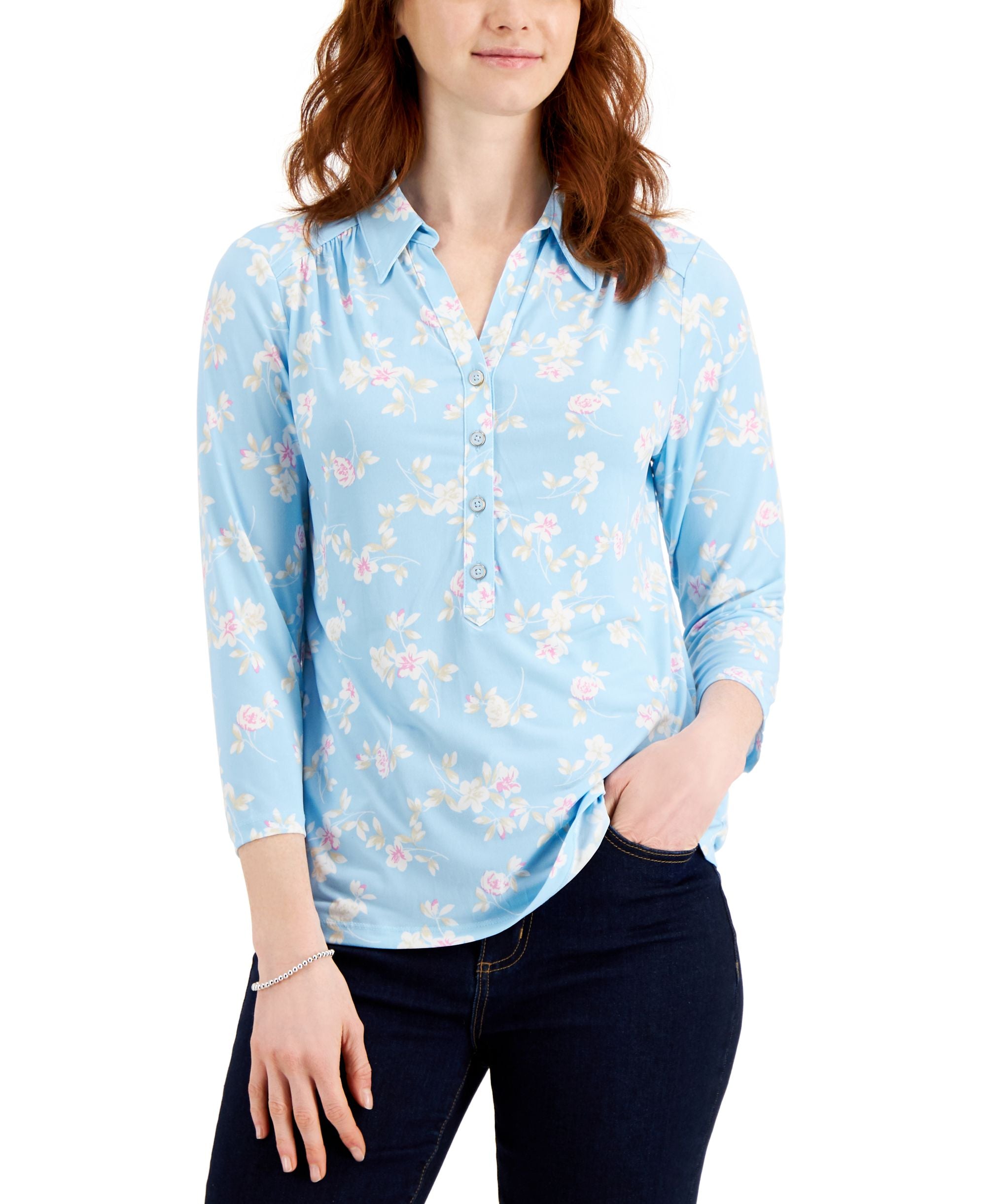 Charter Club Floral Print 3/4 Sleeve Knit Premium Top