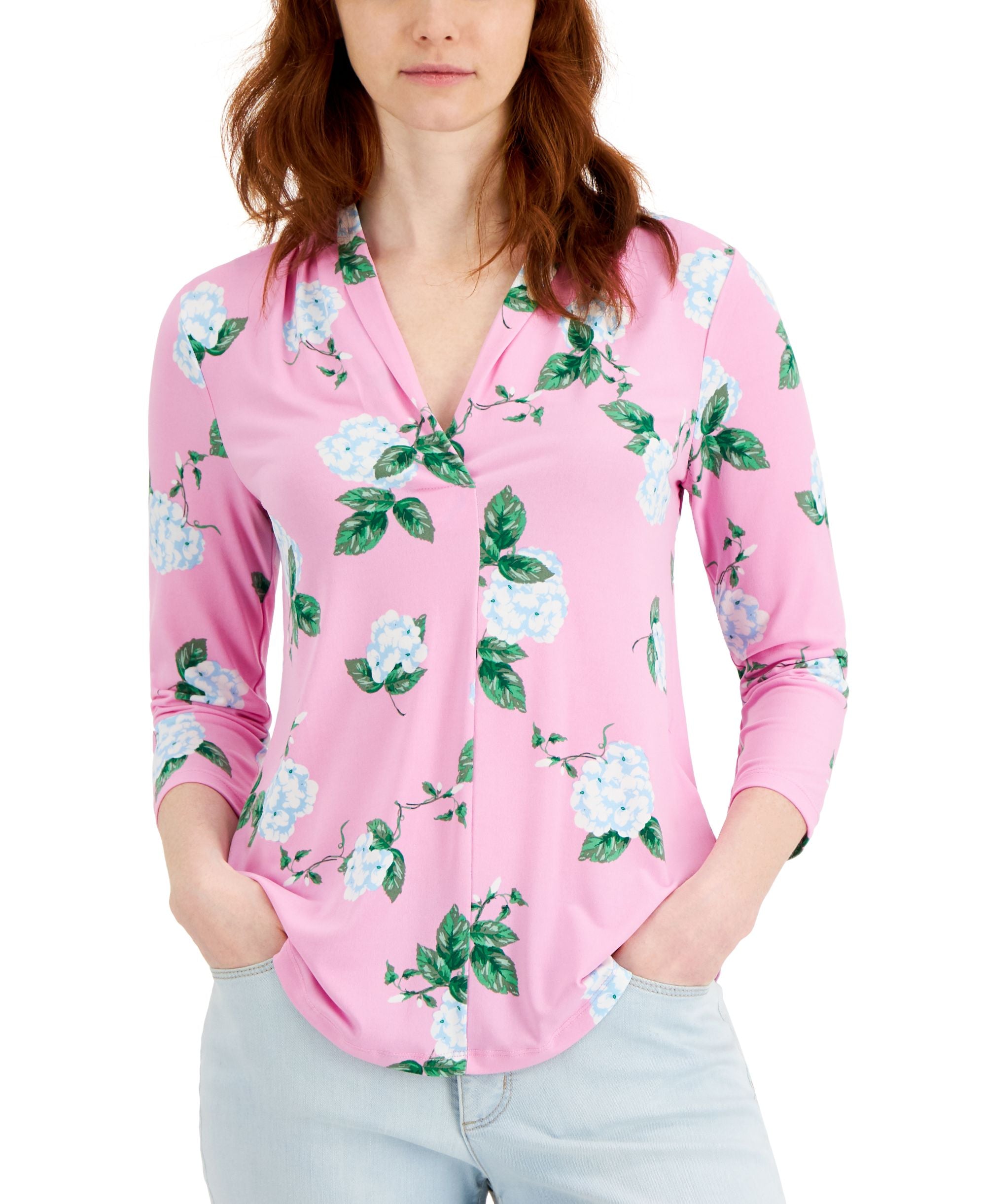Charter Club Floral Print 3/4 Sleeve Knit Premium Top