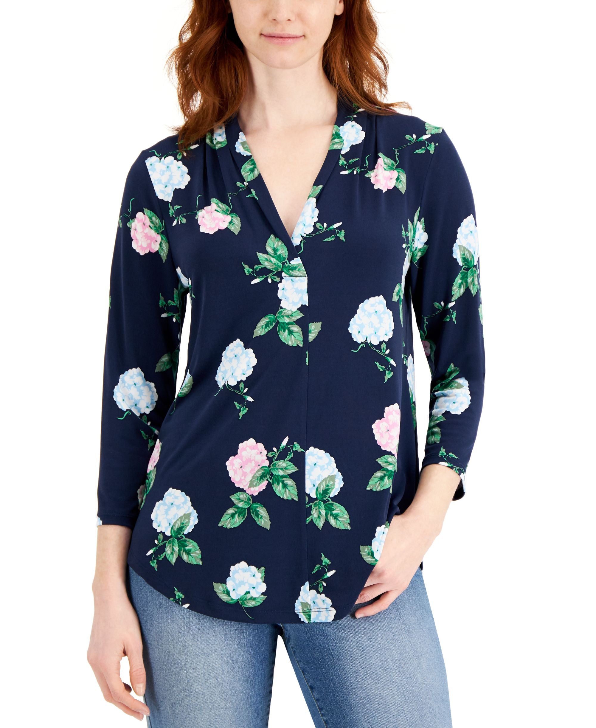 Charter Club Floral Print 3/4 Sleeve Knit Premium Top