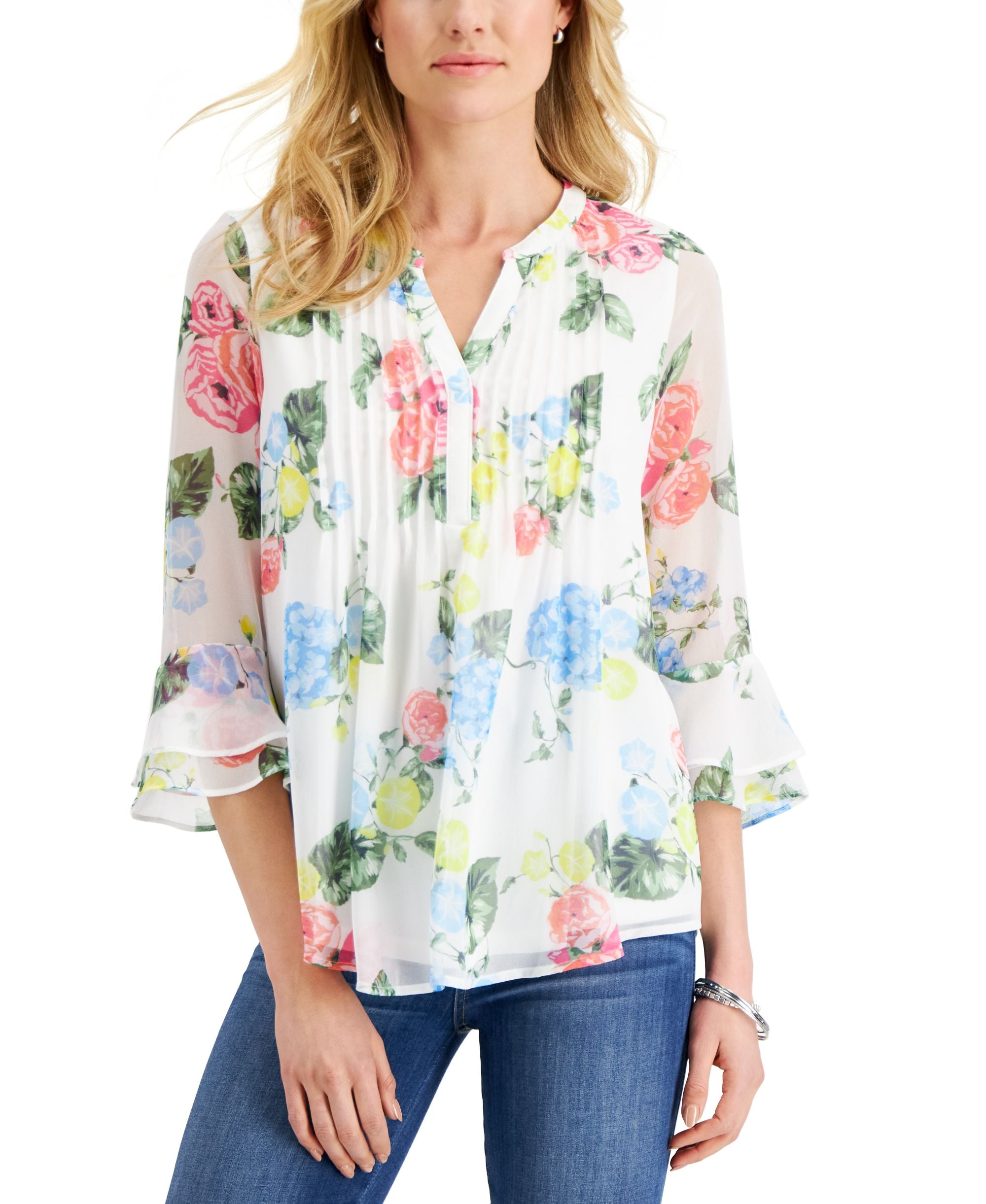 Charter Club Petite Floral Print Flutter-Sleeve Pintuck Premium Top