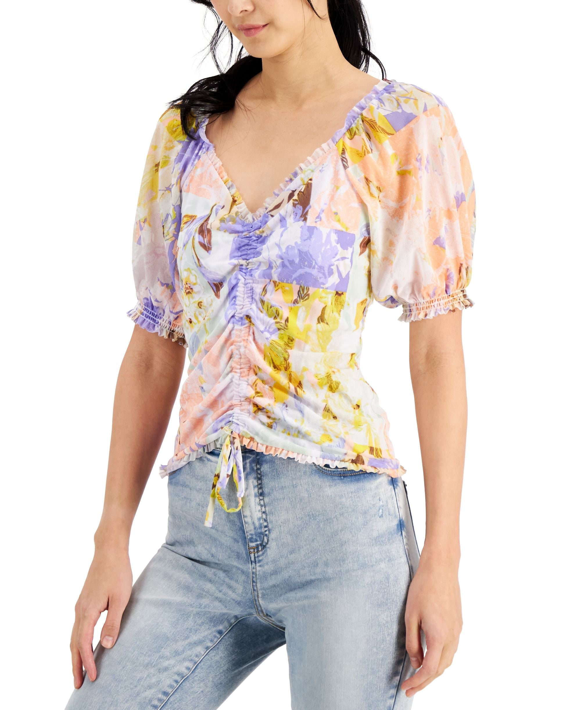INC International Concepts Womens Ruched Front Mesh Premium Top