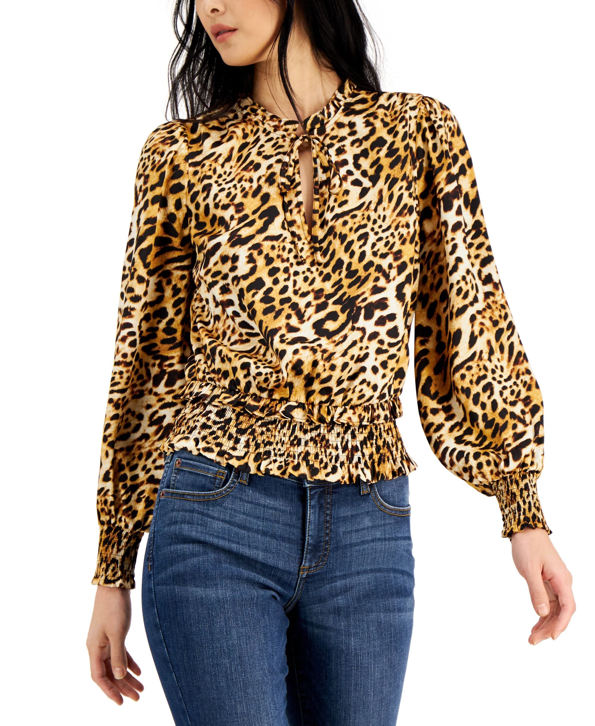 INC International Concepts Womens Animal Print Smocked Hem Tie Neck Premium Top