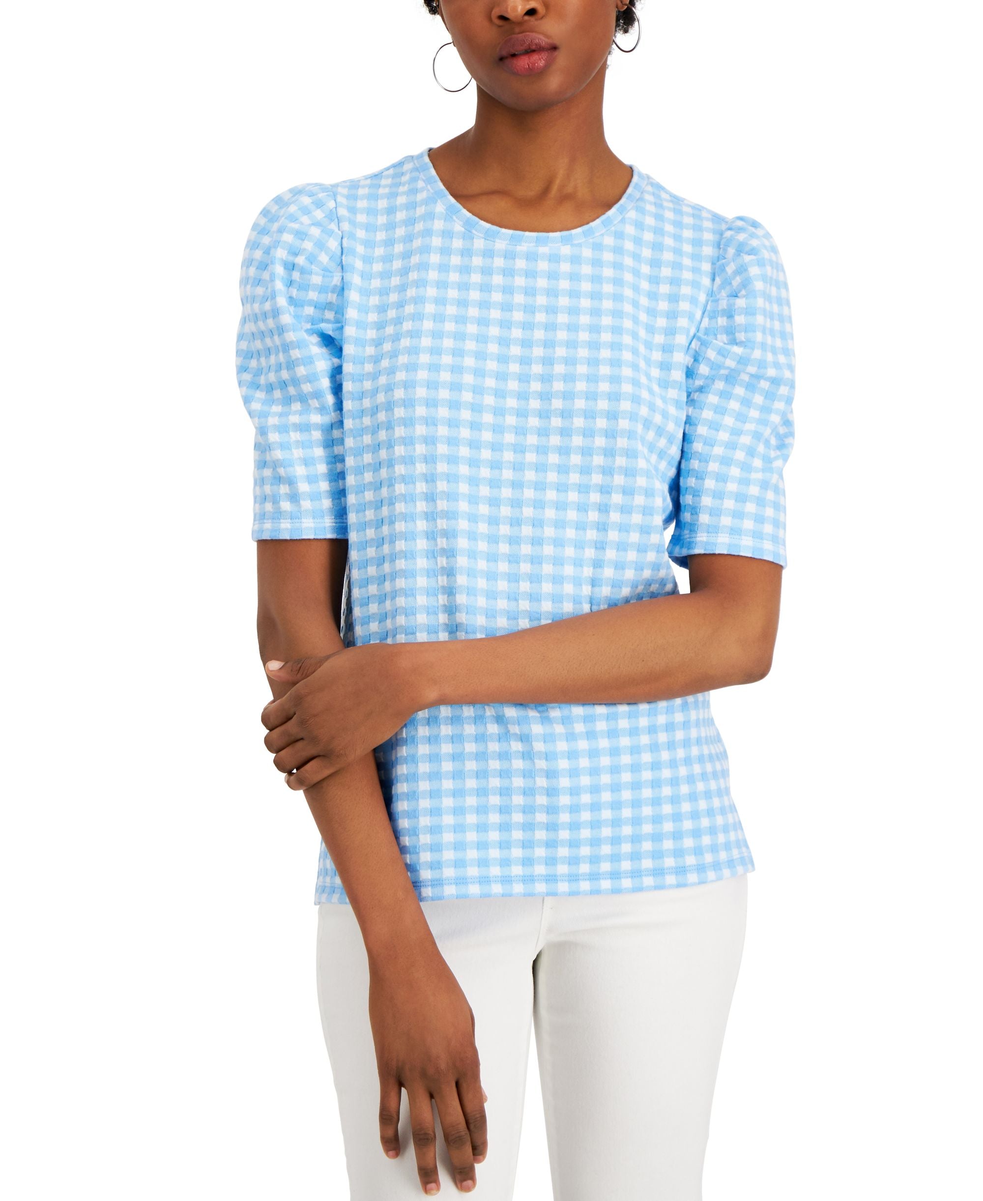 Charter Club Puff-Sleeve Check Print Premium Top