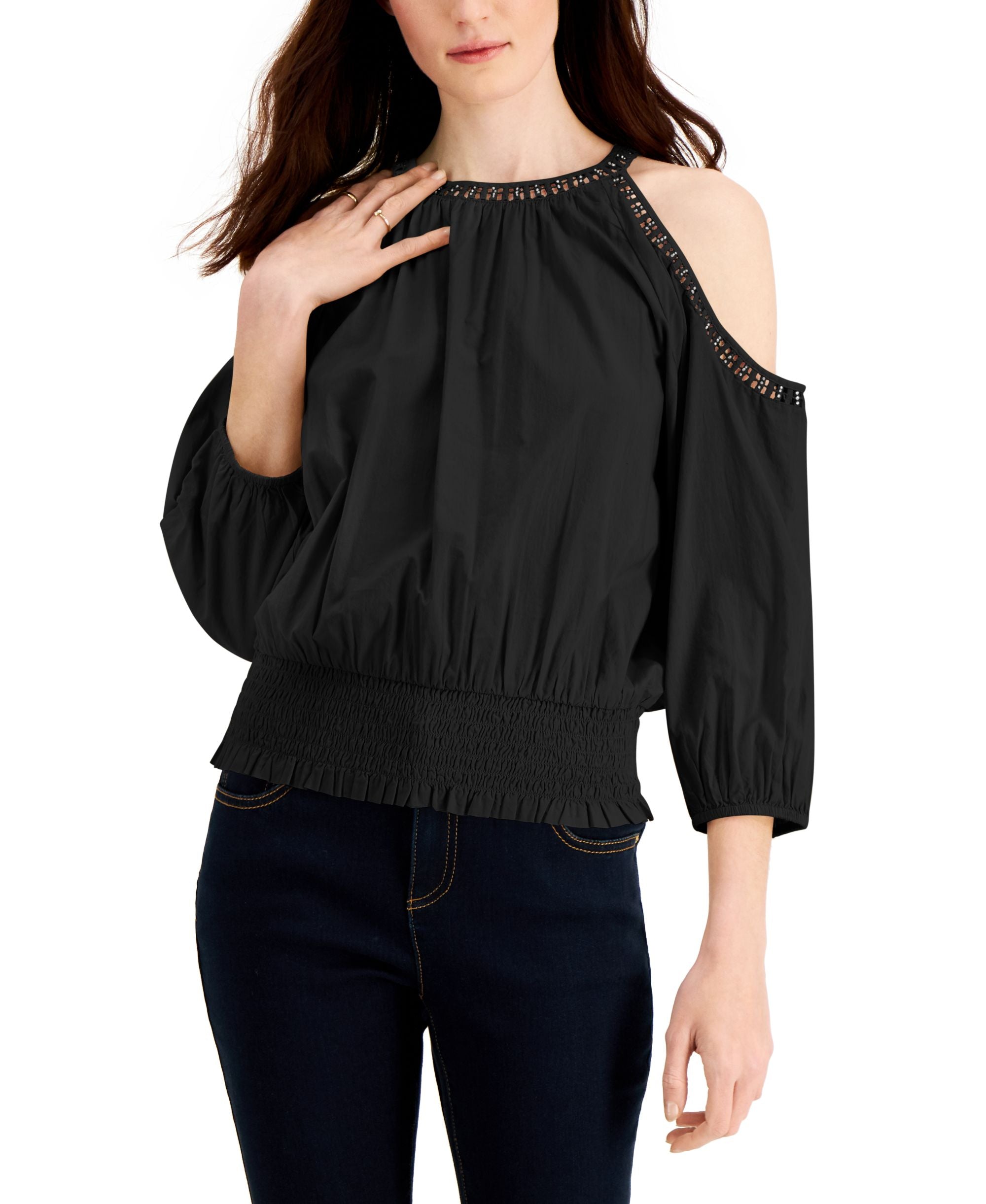 INC International Concepts Crochet Cold Shoulder Smocked Hem Premium Top