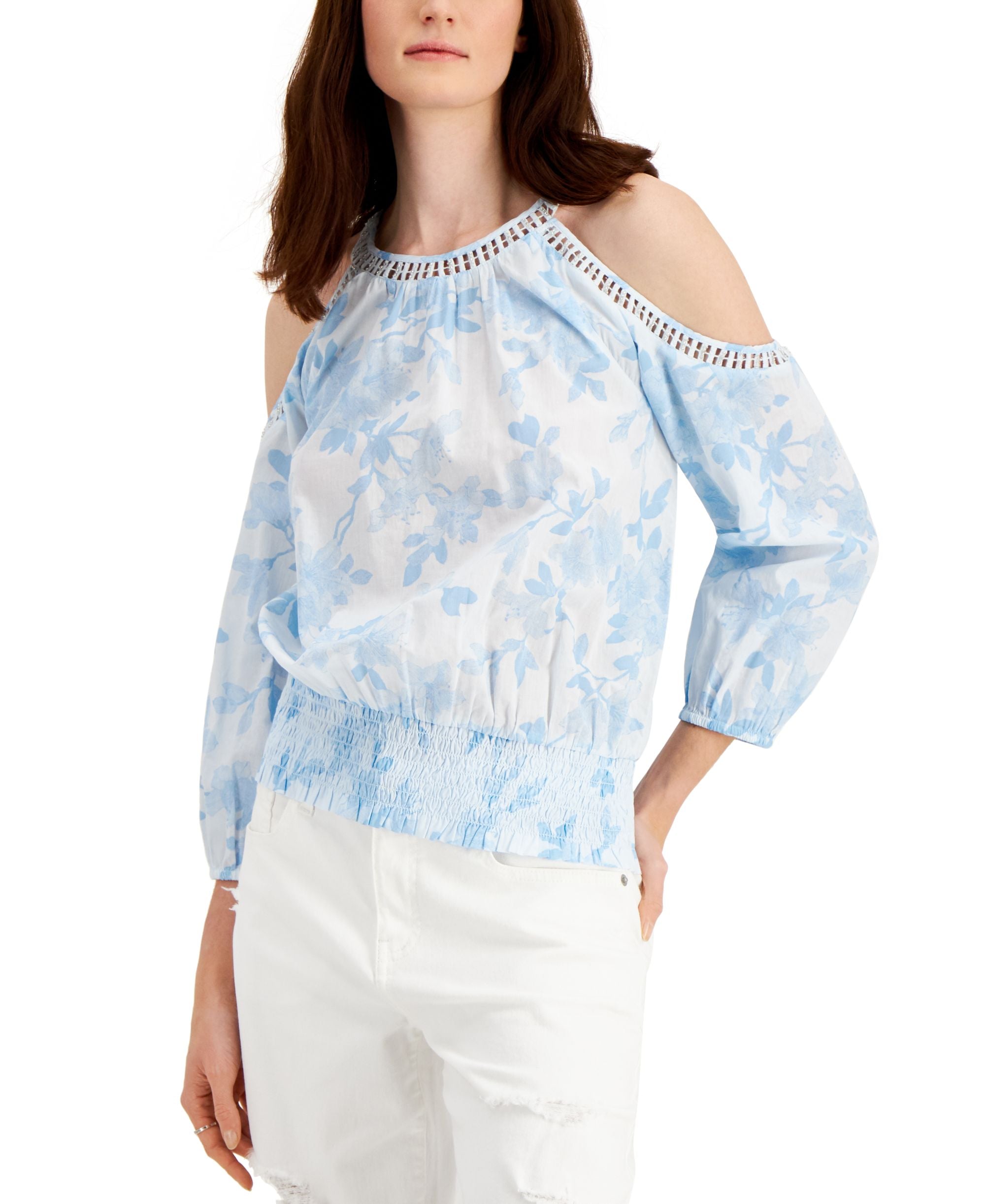 INC International Concepts Womens Floral Cold Shoulder Puff-Sleeve Premium Top