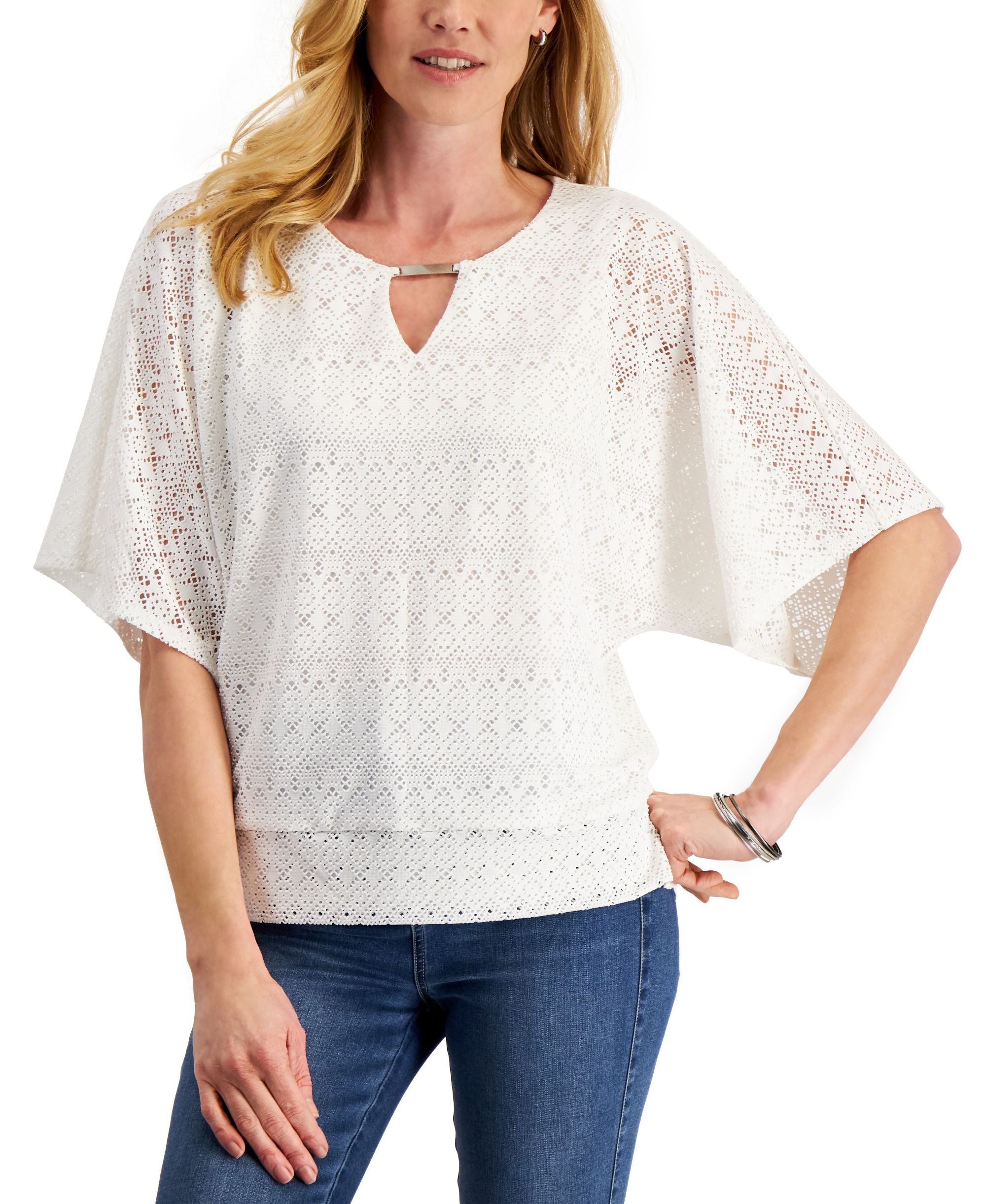 JM Collection Eyelet Poncho Premium Top