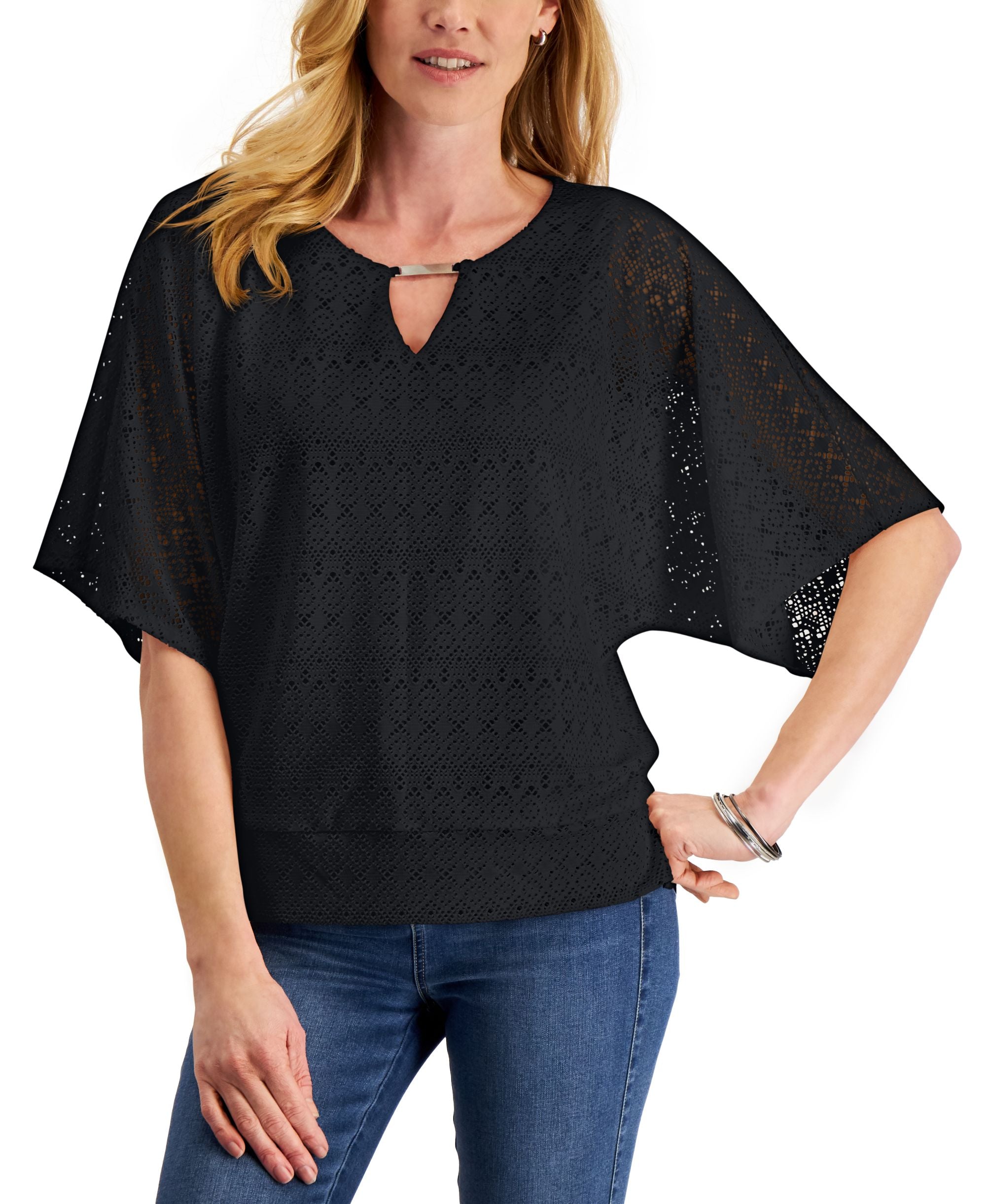 JM Collection Eyelet Poncho Premium Top