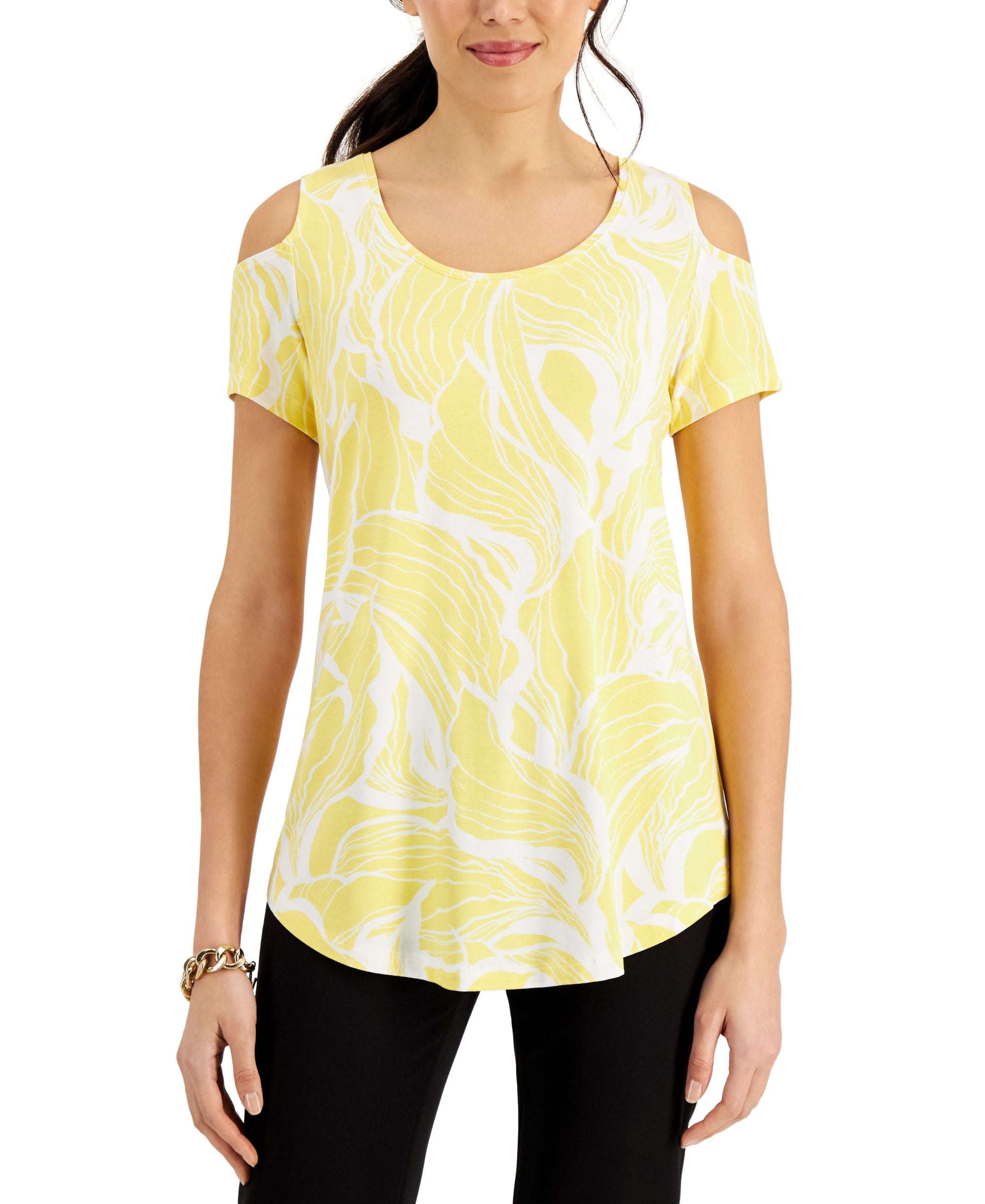 JM Collection Floral Print Cold Shoulder Premium Top